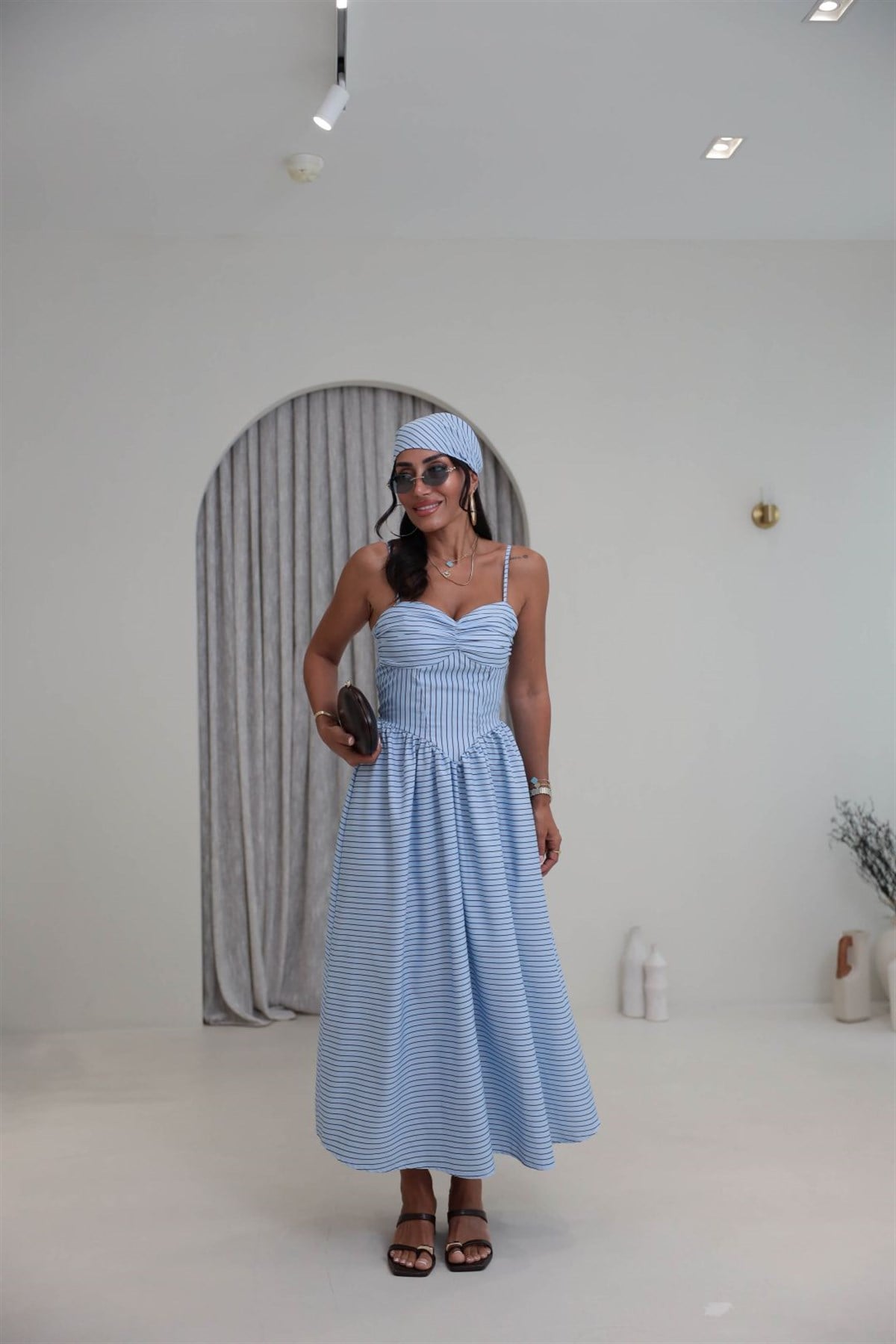 4058 Çizgili Bandana Detaylı Elbise MAVİ