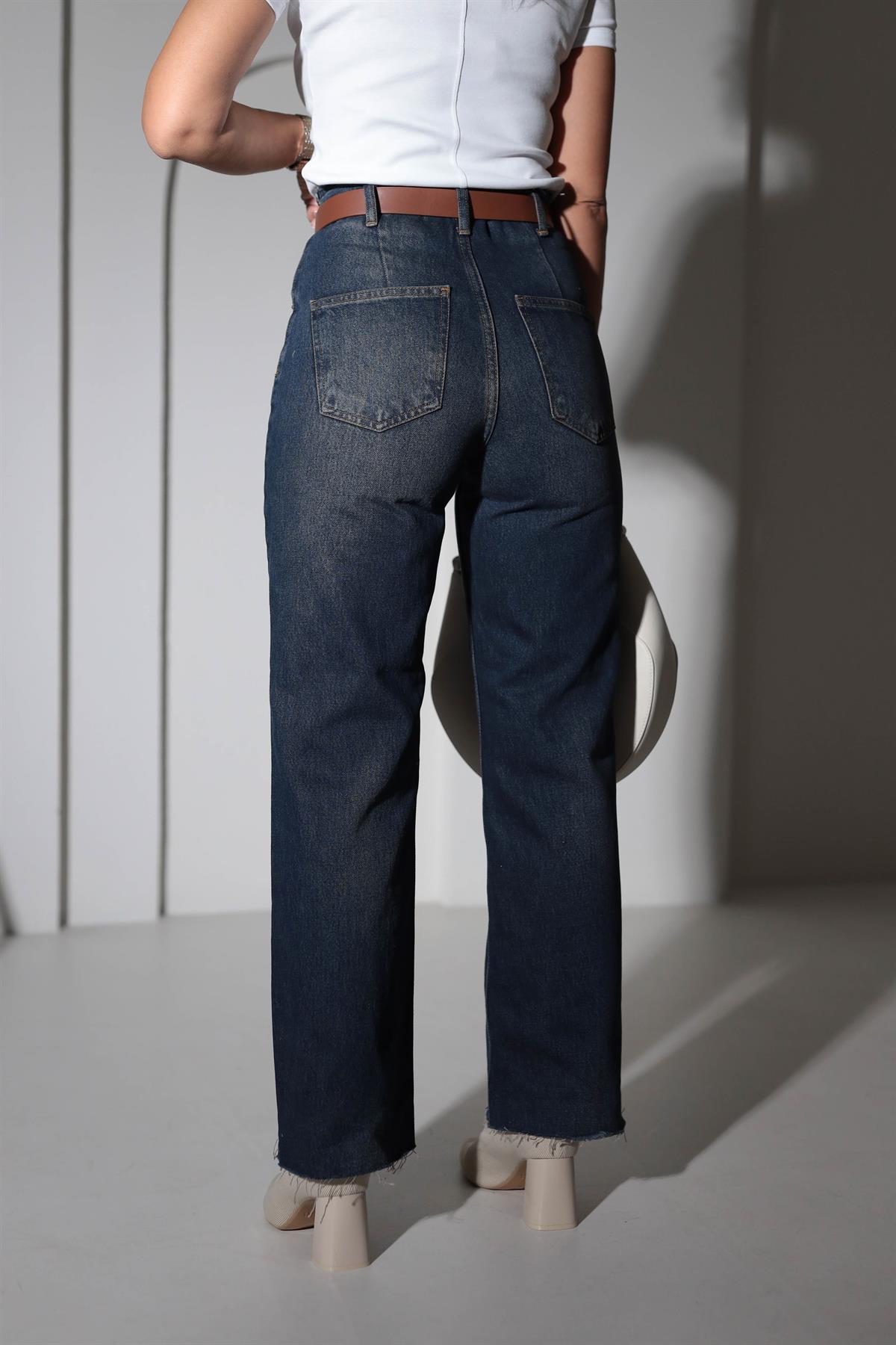 4400 Beli Dikişsiz Taba Kemerli Bol Paça Jean KOYU MAVİ