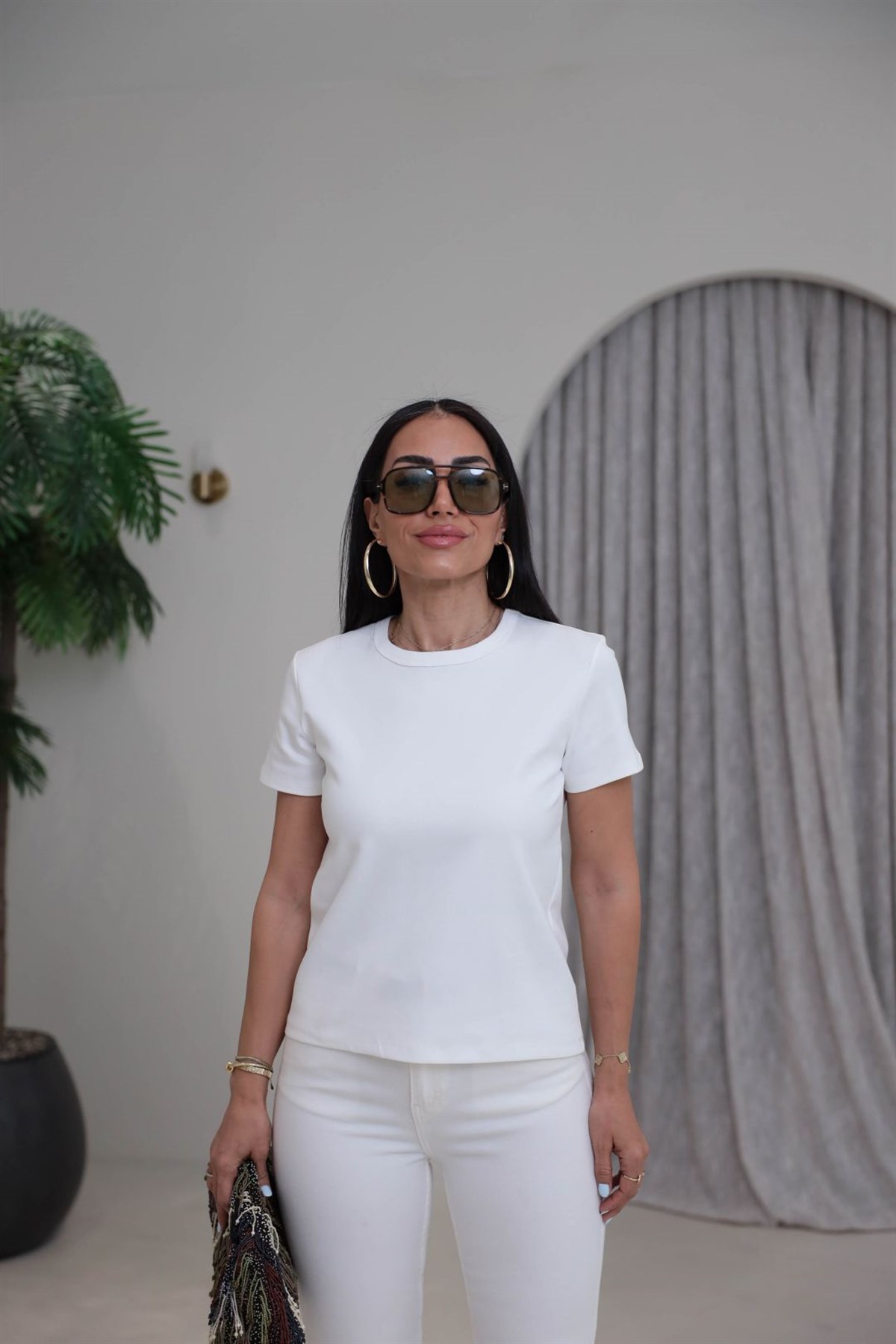 2779 Bisiklet Yaka Basic Tshirt BEYAZ