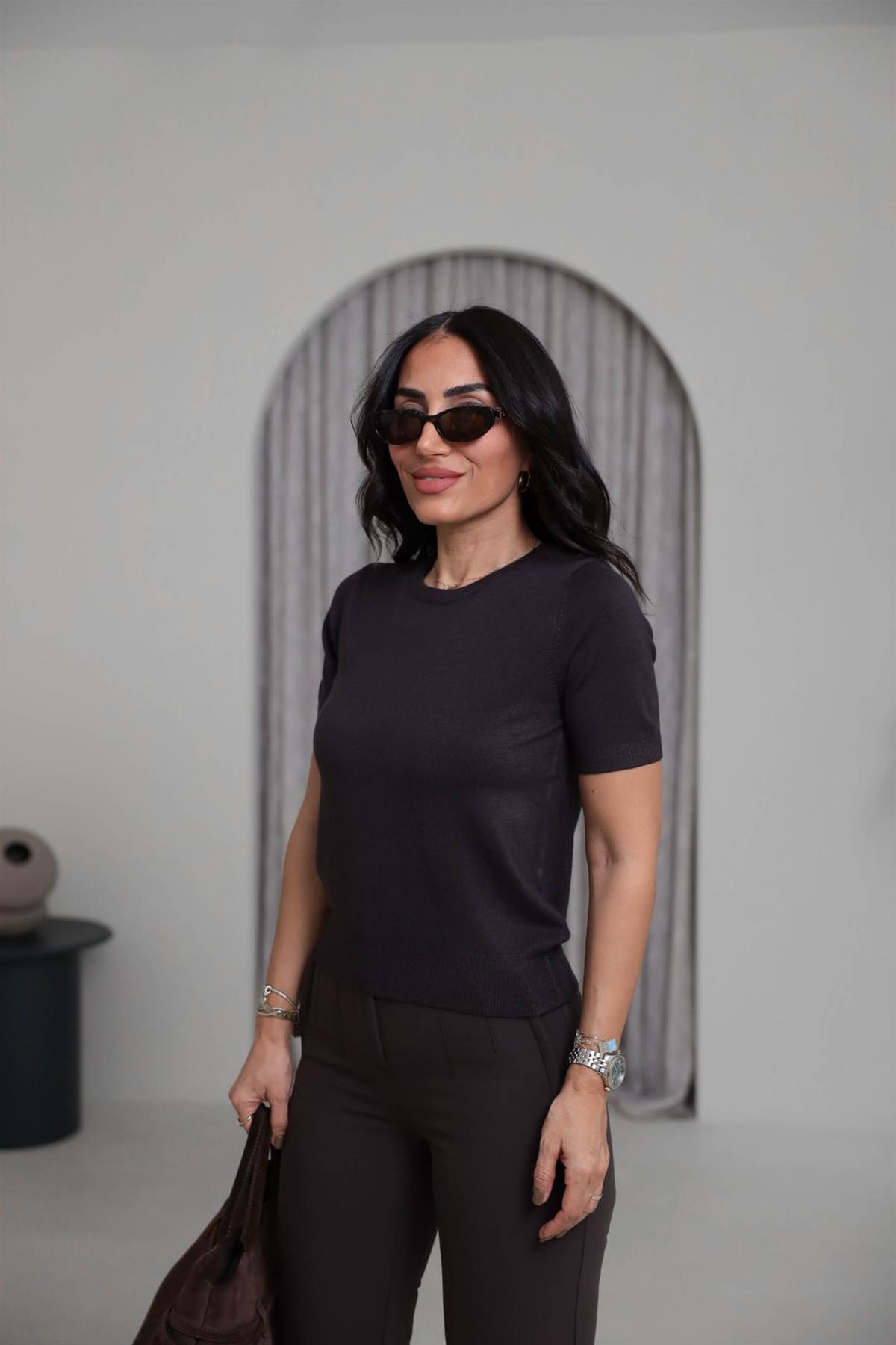 0779 Bisiklet Yaka Kısa Kol Basic Triko Bluz ACI KAHVE