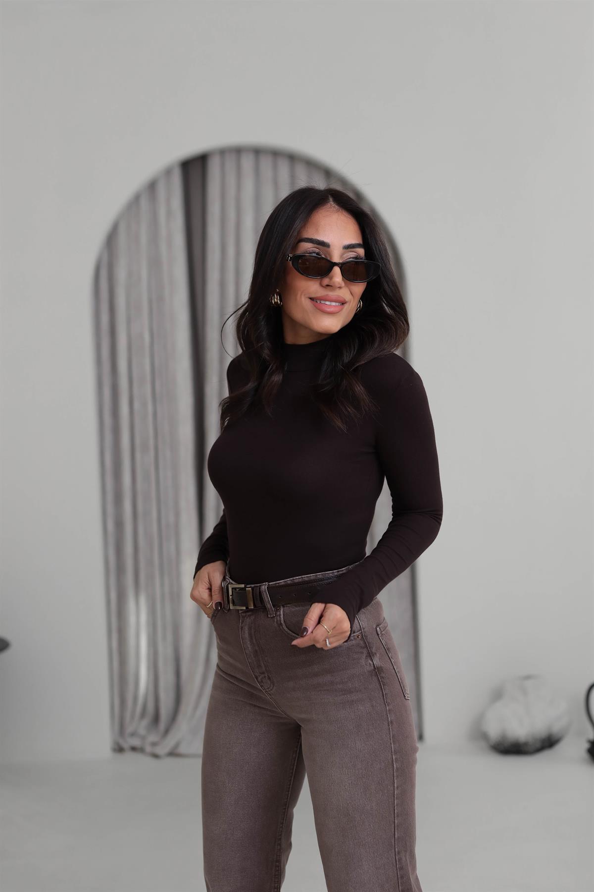 4144 Balıkçı Yaka Uzun Kol Bluz KAHVE