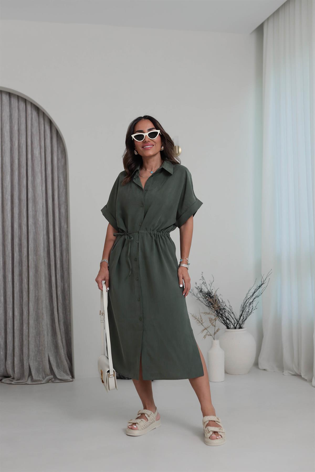 Bel Büzgülü Tencel Gömlek Elbise HAKİ YEŞİL