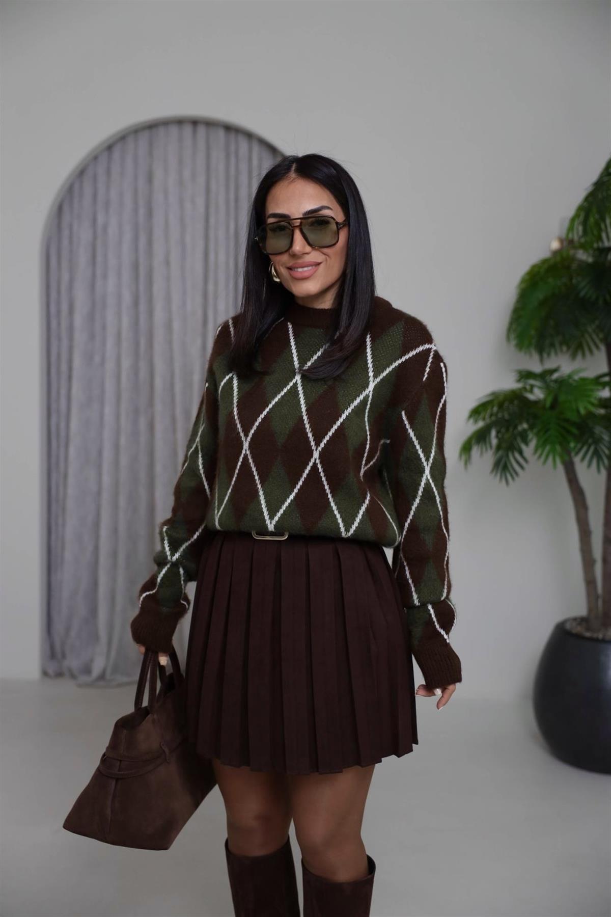 0133 Şardonlu Baklava Desen Kalın Kazak KAHVE-YEŞİL