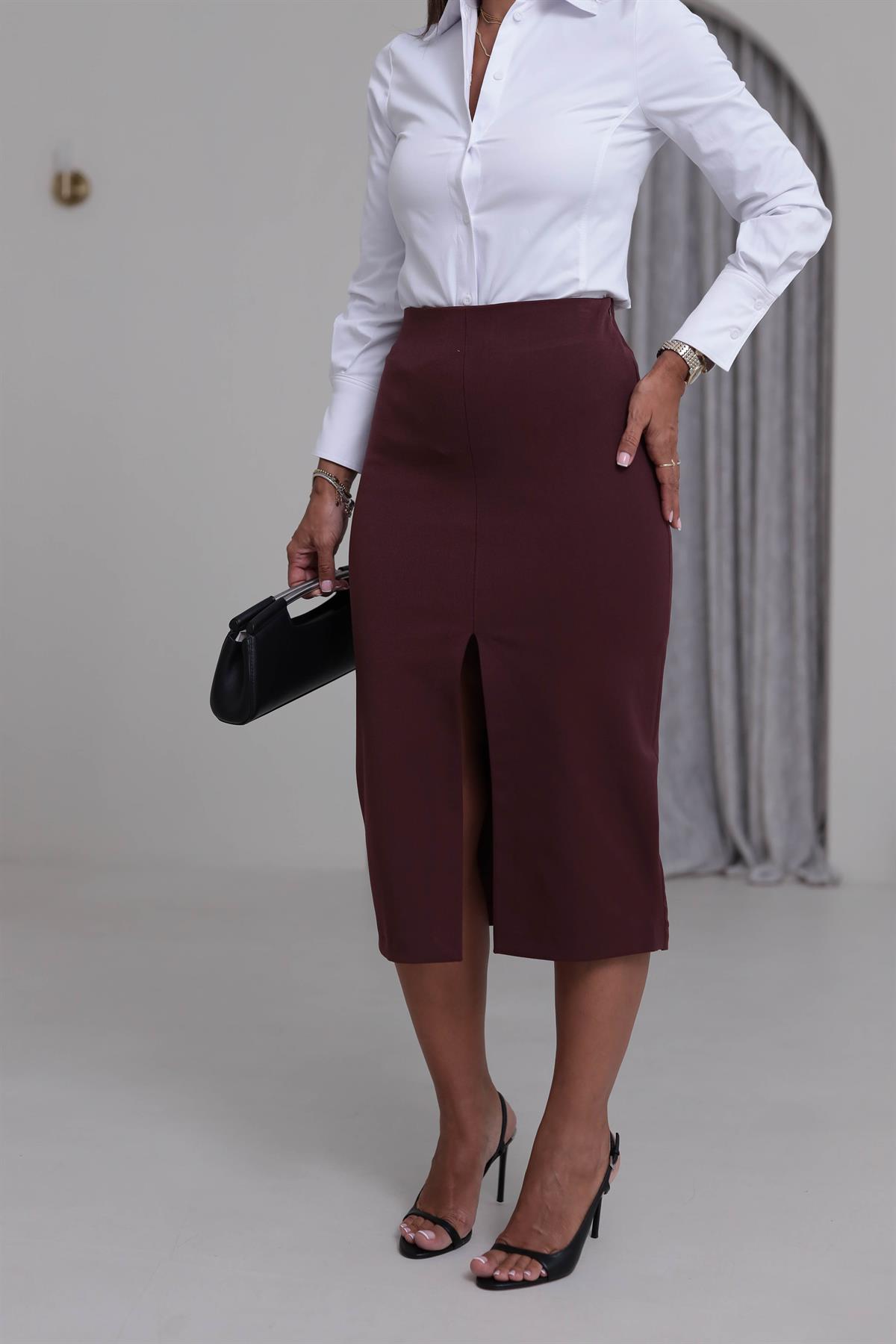 4866K Önden Yırtmaçlı Kalem Etek BORDO