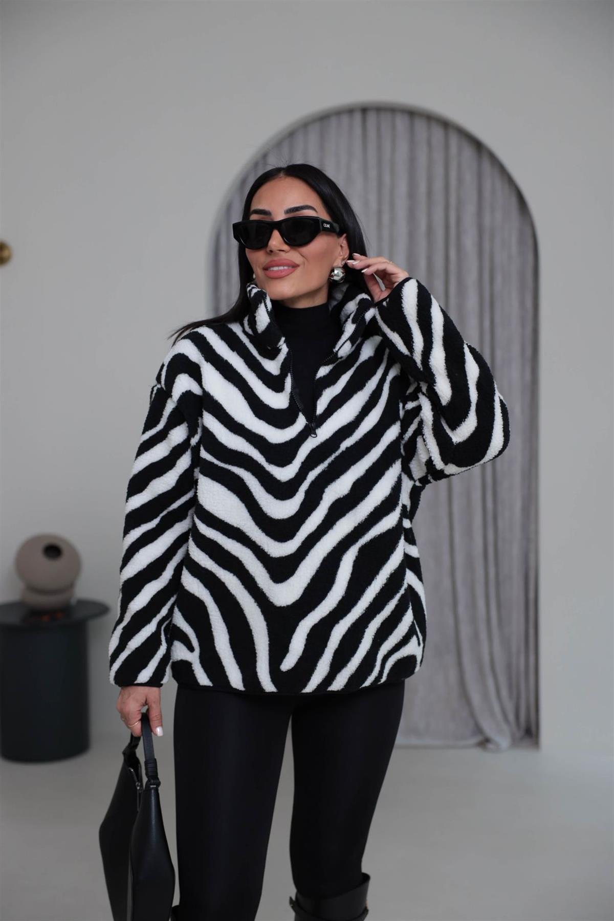 Dik Yaka Yarım Fermuarlı Polar Orj Sweatshirt ZEBRA