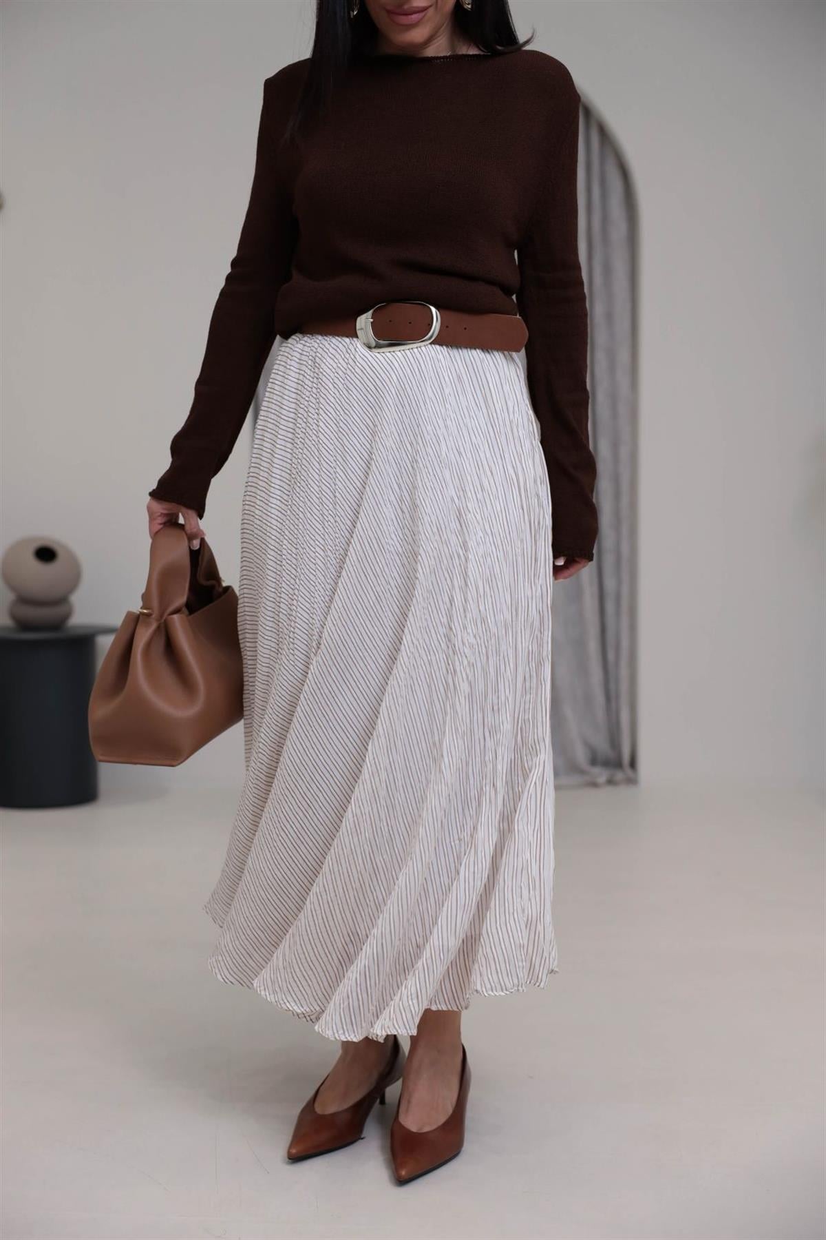 3379 Kemerli Çizgili Kraşlı Etek KREM