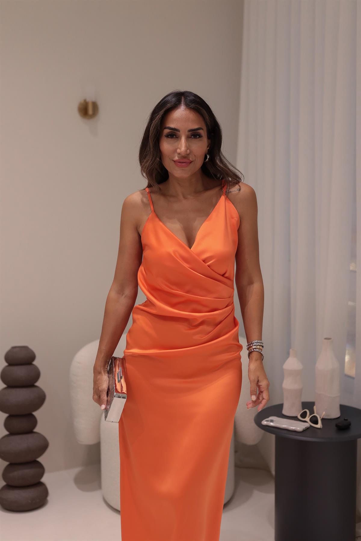 0187 Askılı Drape Detaylı Yırtmaçlı Kruvaze Elbise