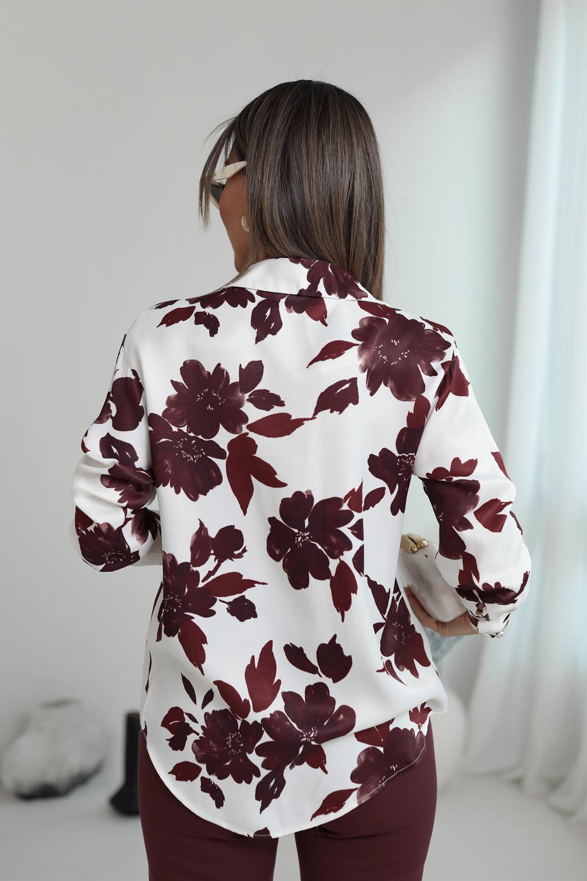 6537 Çiçek Desen İpek Saten Gömlek BORDO