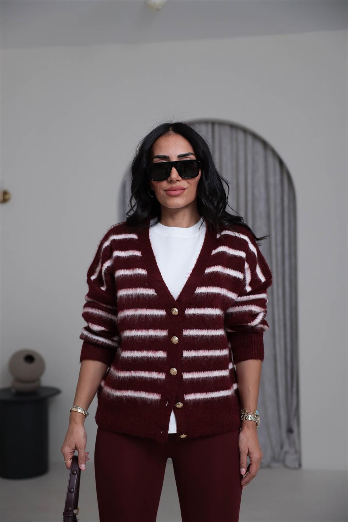 4584 Gold Düğmeli Çizgili Yumoş Hırka BORDO