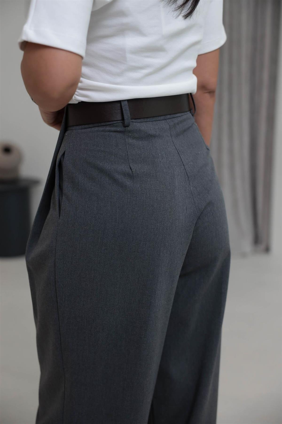 8465 Kemerli Pile Detaylı Kumaş Pantolon KOYU GRİ