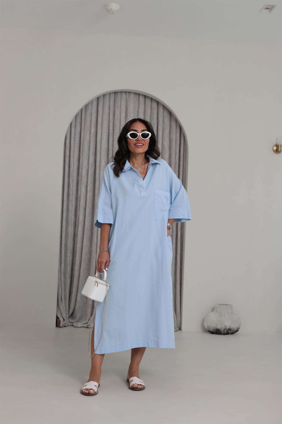 0130 Yanları Yırtmaçlı Cep Detaylı Rahat Keten Elbise MAVİ