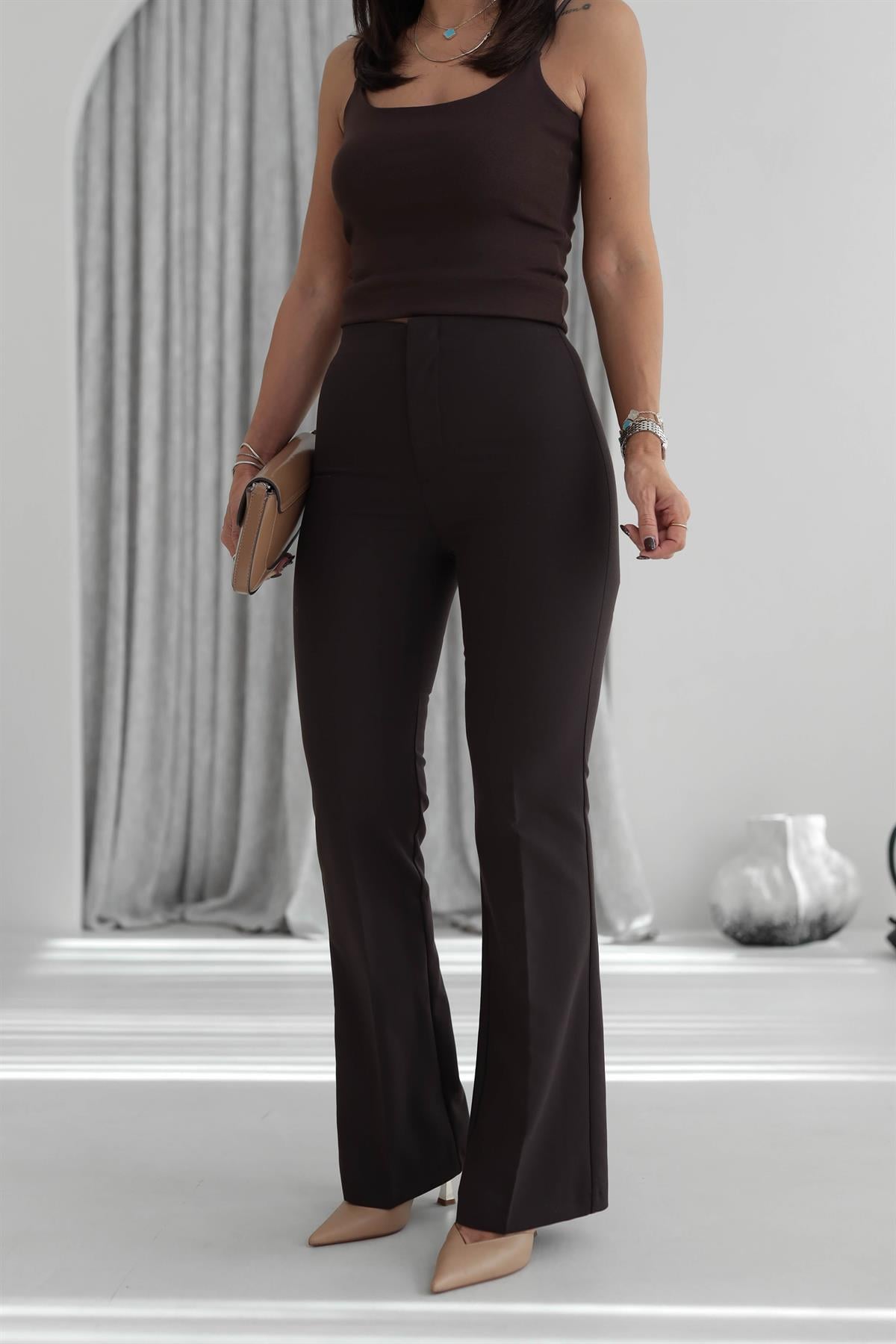 7049 İspanyol Paça Kumaş Pantolon KAHVE