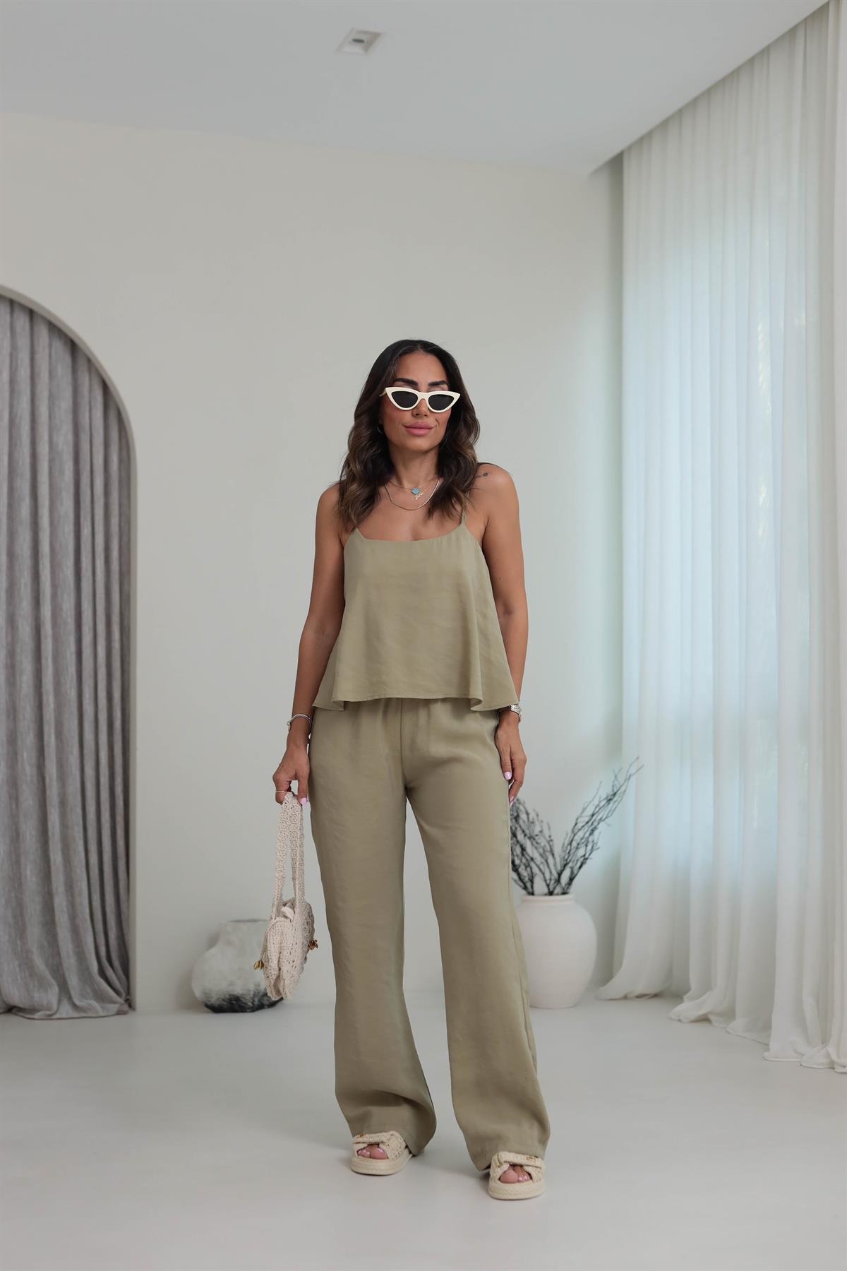 0455 İp Askılı Tencel Kumaş Takım HAKİ YEŞİL