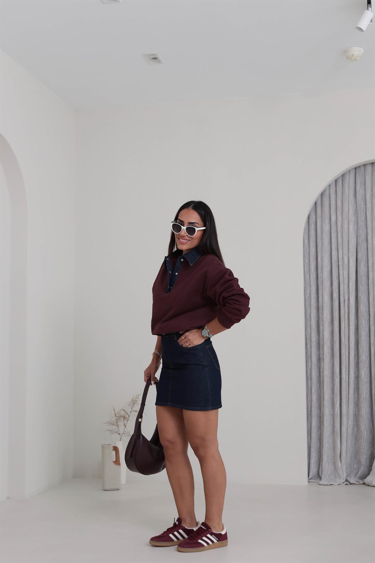 0178 Denim Yaka Tasarım Sweatshirt BORDO