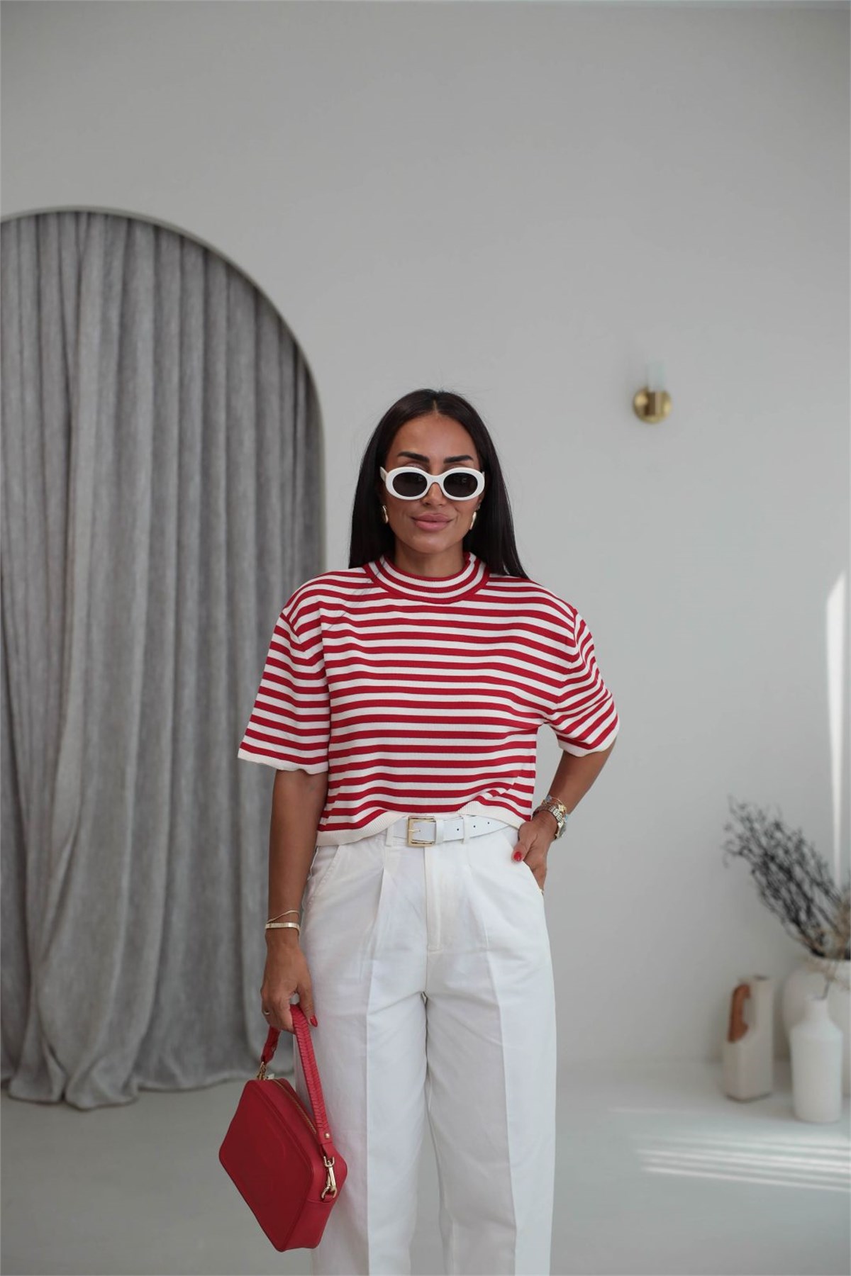 5439  Yarım Balıkçı Çizgili Crop Triko Bluz KIRMIZI