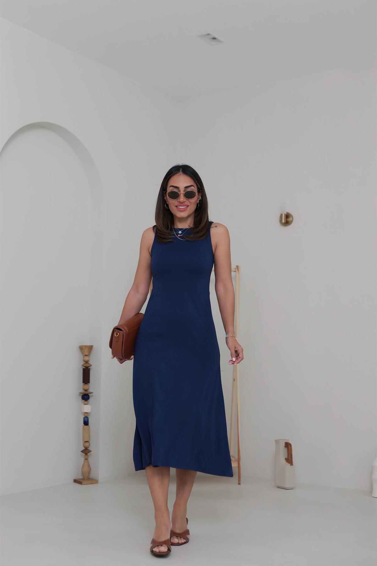 1590 Parçalı Sıfır Kol Midi Elbise LACİVERT