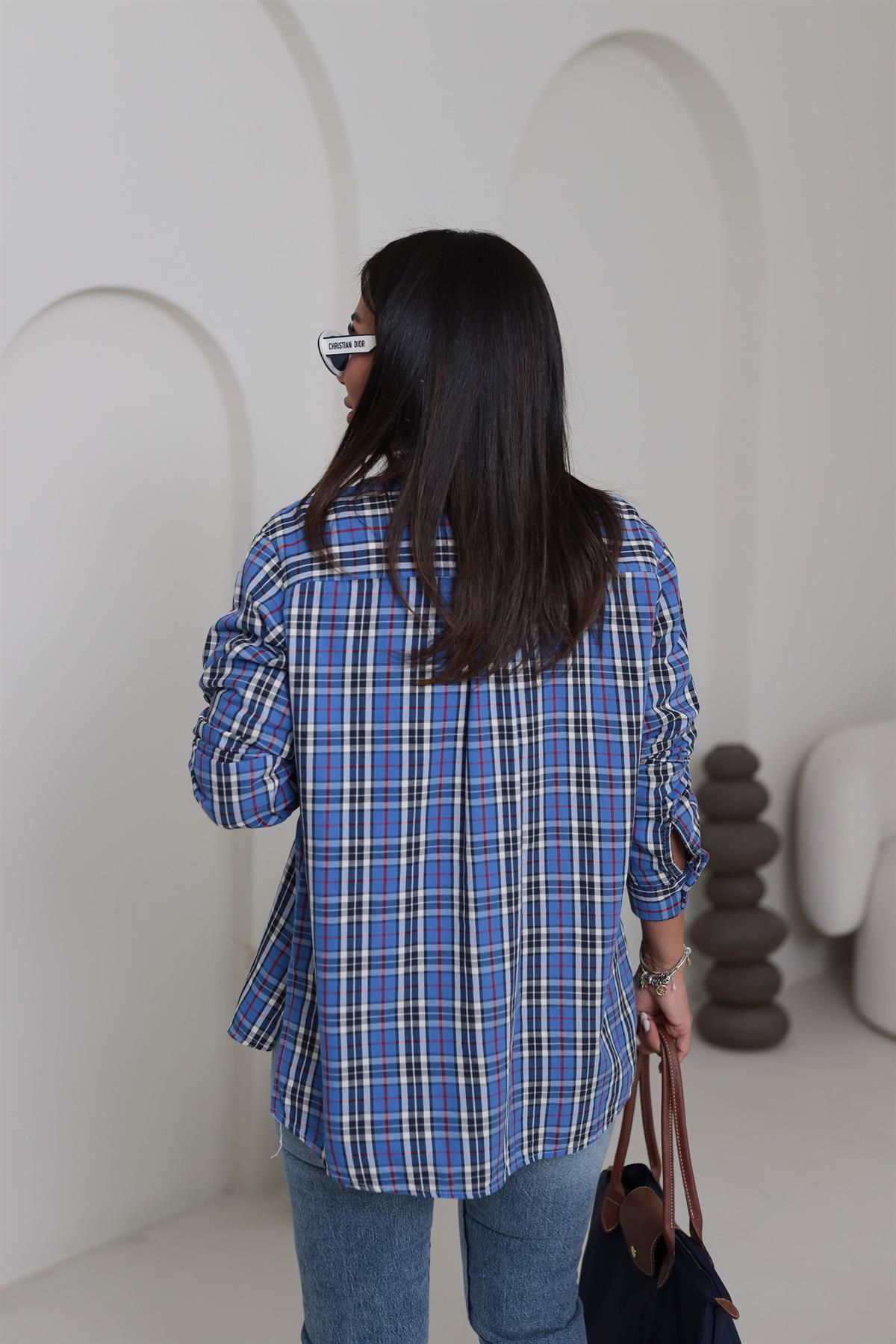 4691 Çizgili Ekose Koton Gömlek MAVİ