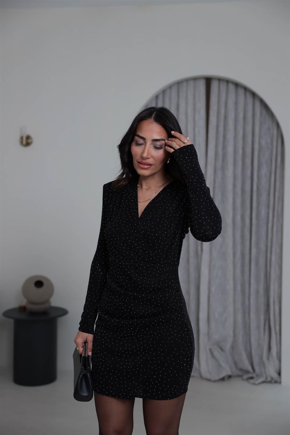 3835 Taşlı Drapeli Elbise SİYAH