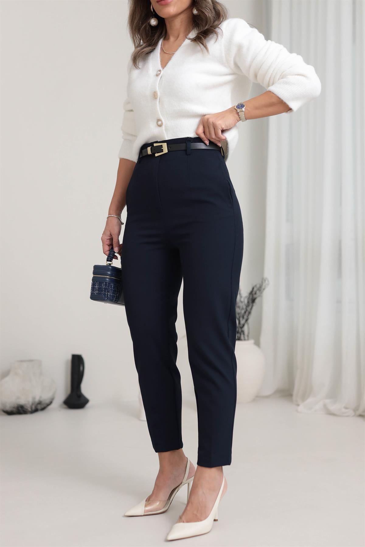 1293 Kemerli Yüksek Bel Havuç Pantolon LACİVERT