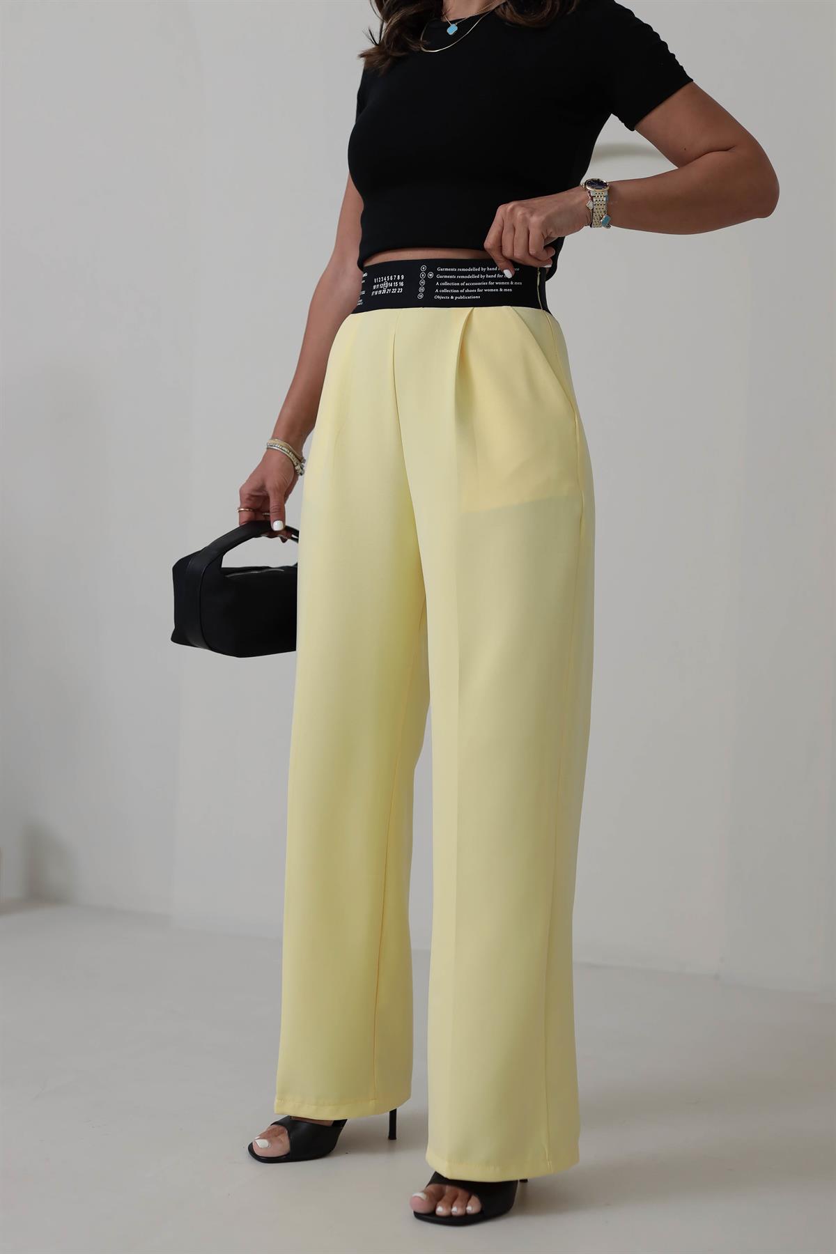 1153 Beli Lastik Ve Yazılı Palazzo Pantolon SARI