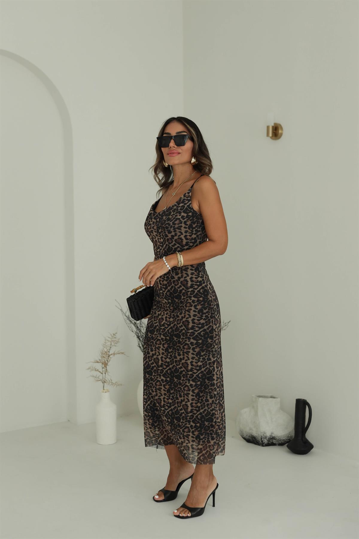 Askıları Ayarlanabilir Leopar Desen Tül Elbise