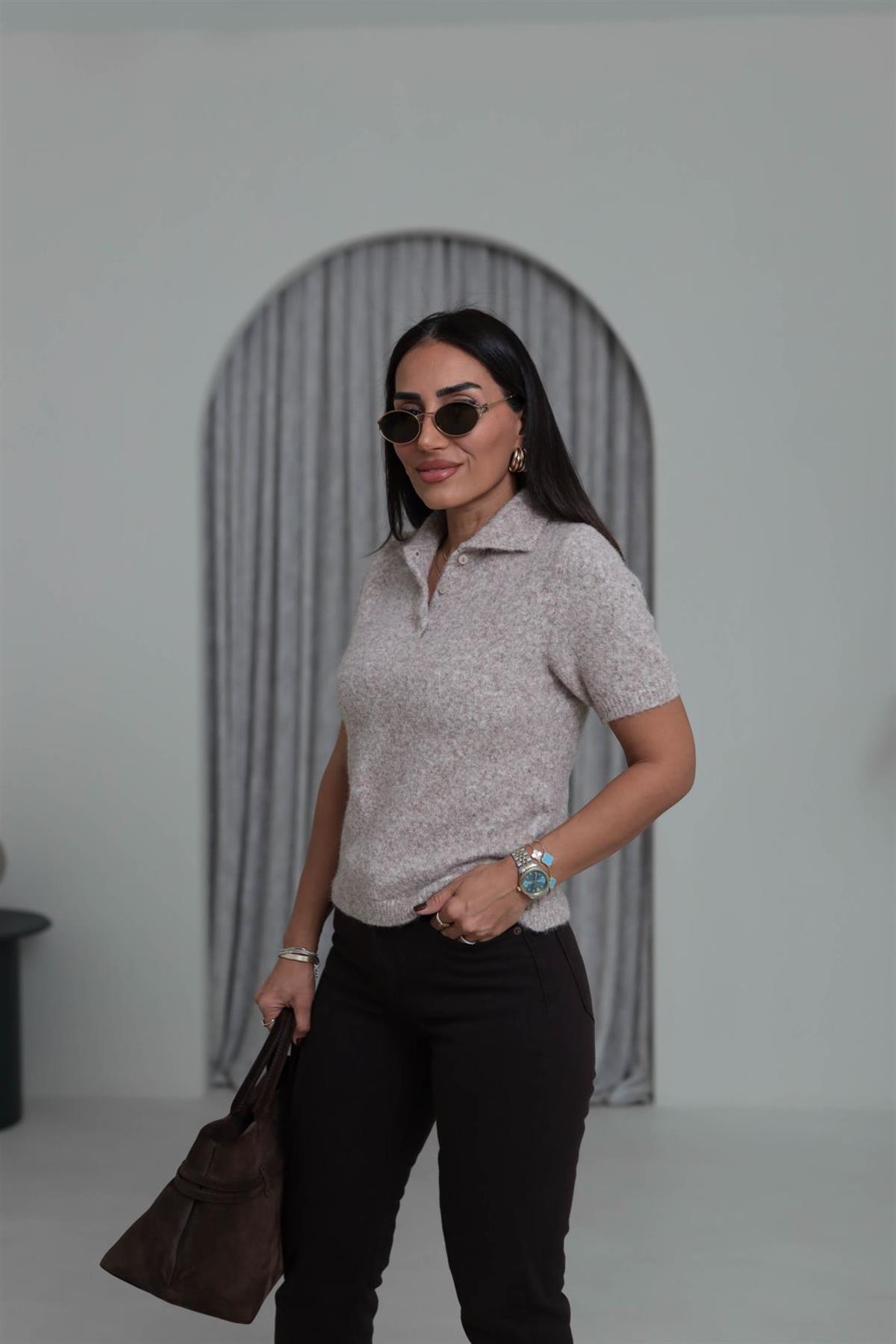 0109 Polo Yaka Massi Kısa Kol Yumoş Kazak VİZON