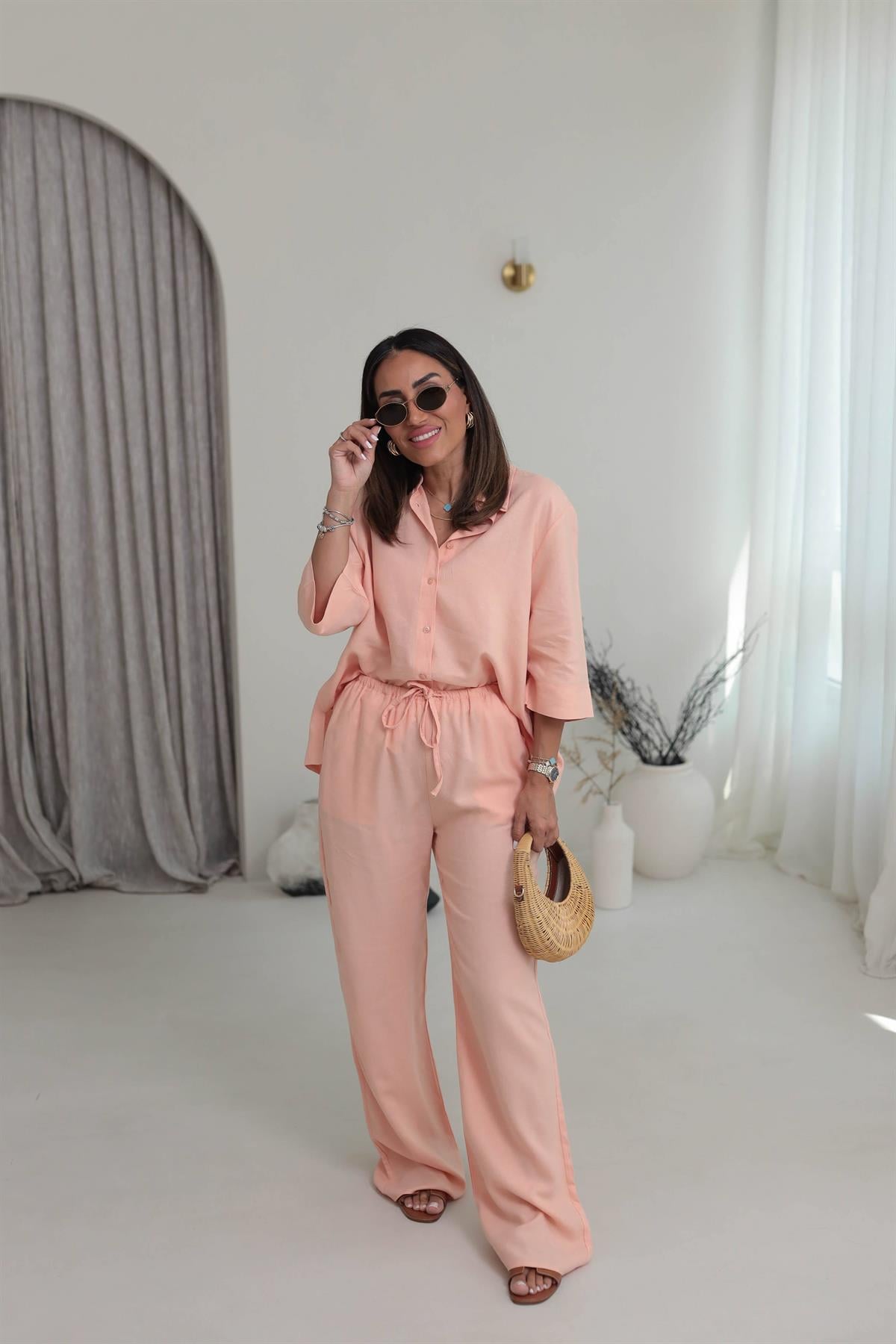 0390 Yarım Kol Gömlekli Pantolonlu Keten Takım YAVRUAĞZI