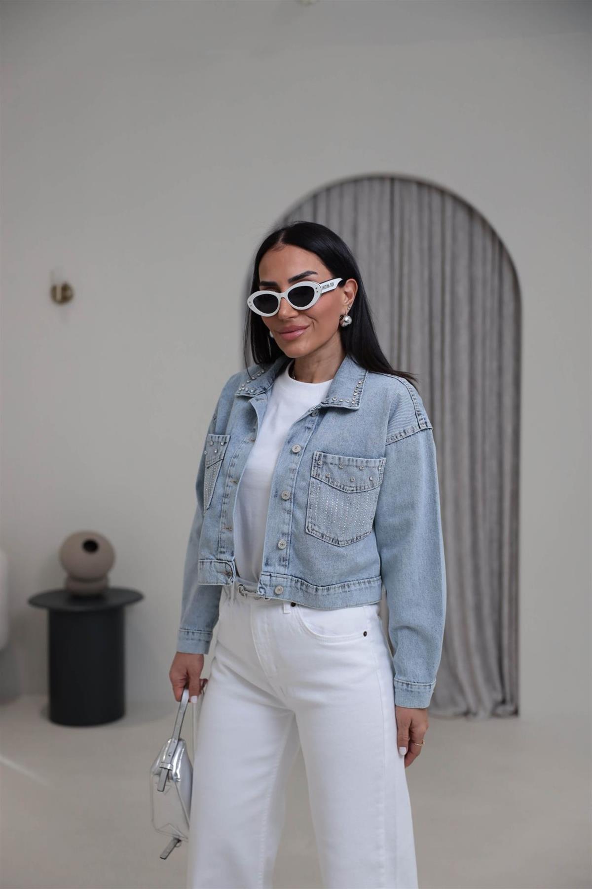 3640 Yaka Ve Cep Taşlı Denim Ceket BUZ MAVİ