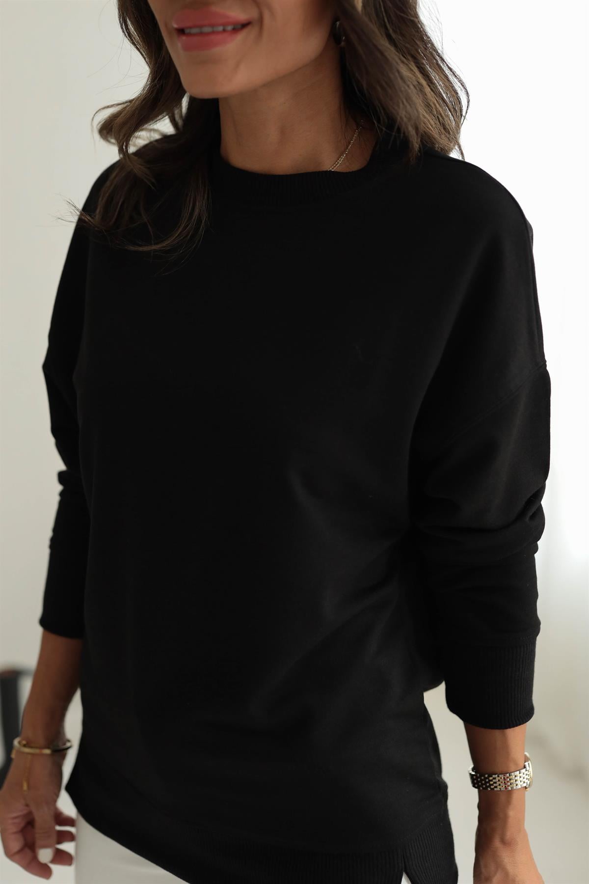 9002 Düz Basic Sweatshirt SİYAH