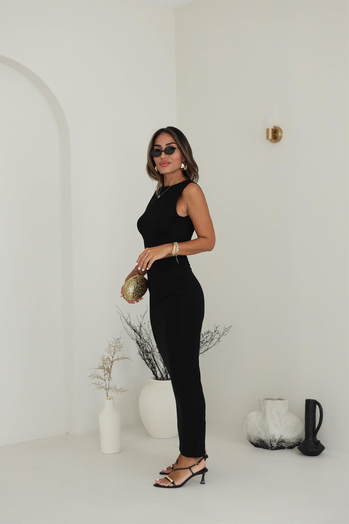 9874 Bel Dekolteli Sıfır Kol Maxi Penye Elbise