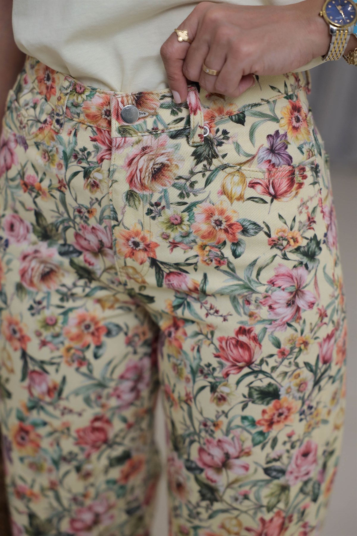 1033 Çiçek Desenli Yüksek Bel Kot Pantolon SARI