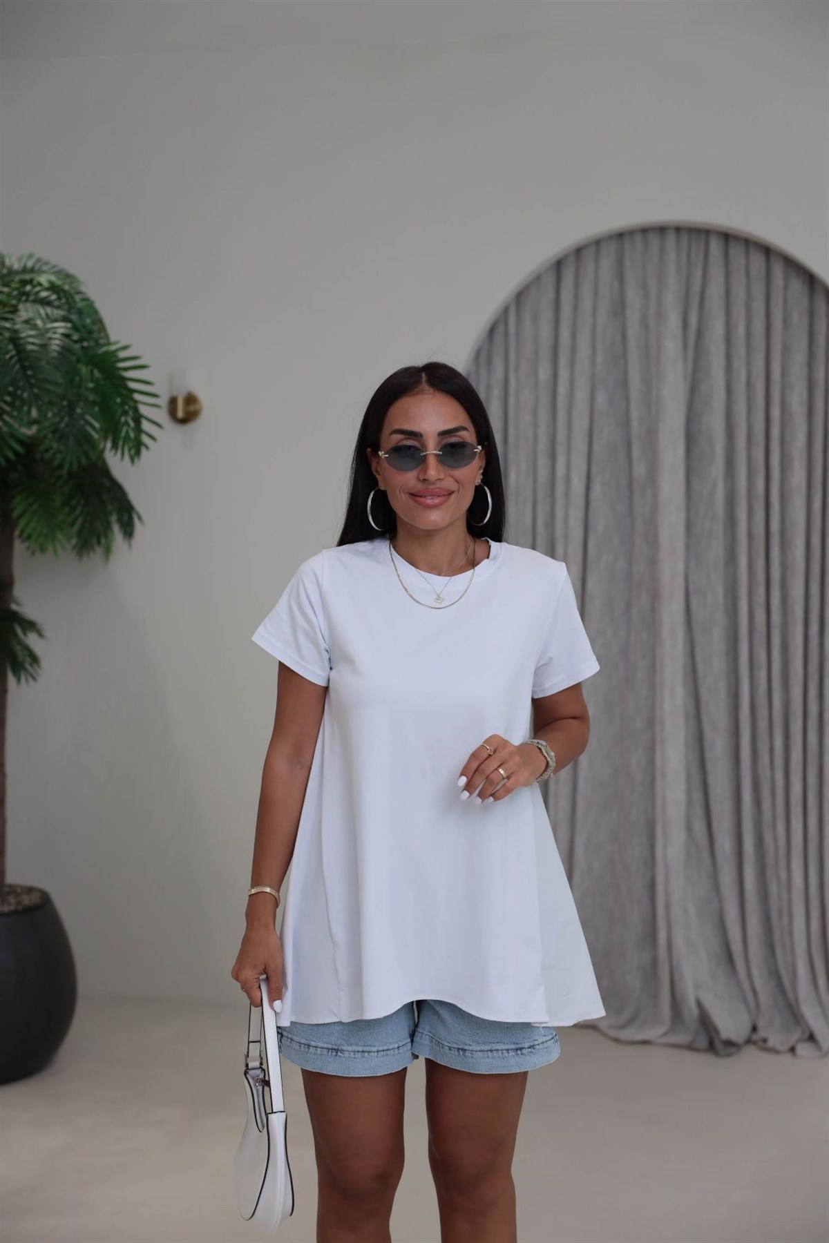 8745 Poplin Kumaş Garnili Bisiklet Yaka Tshirt BEYAZ