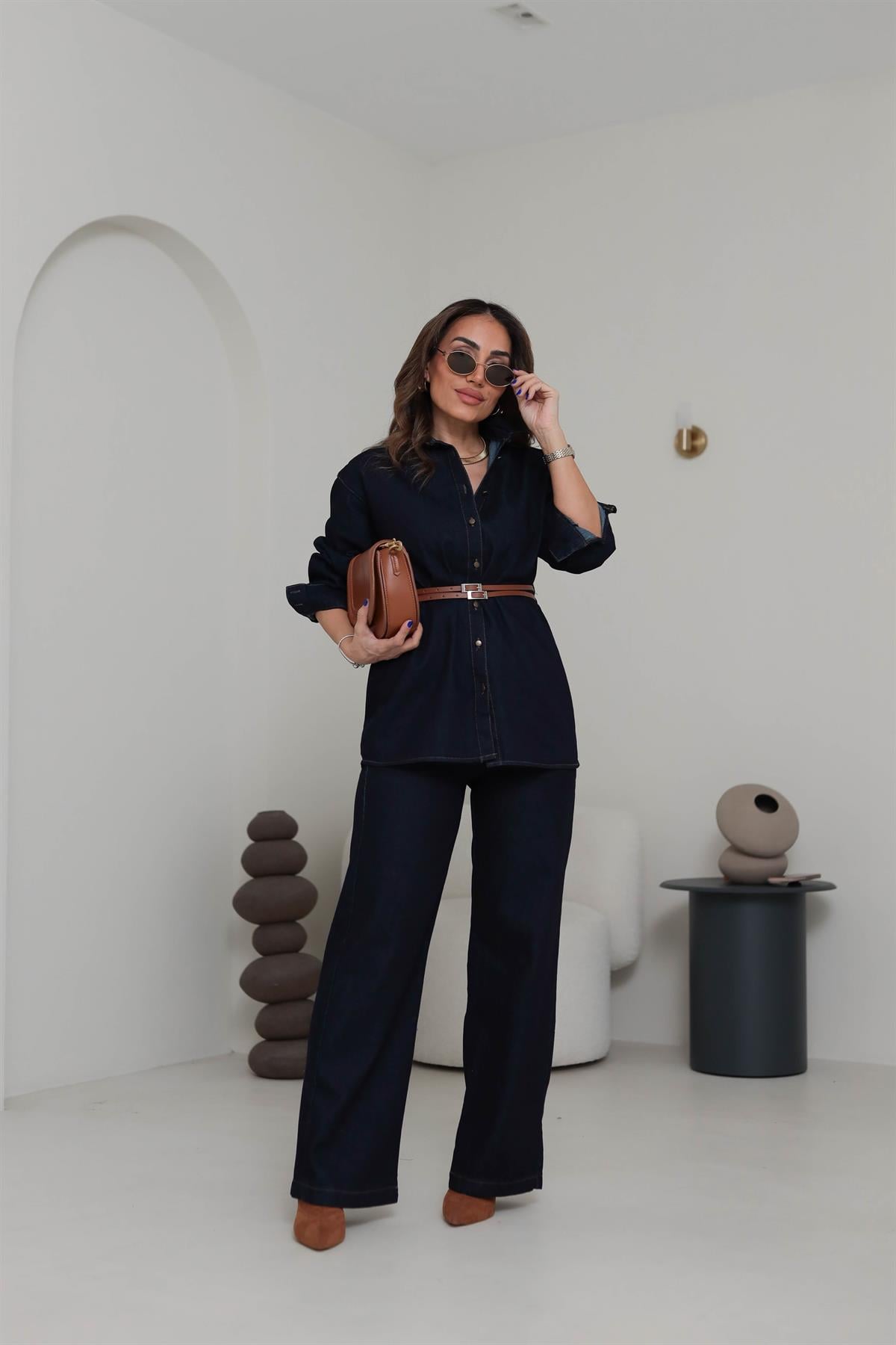 8627 Denim Kemerli Gömlek & Pantolon Takım KOYU LACİ