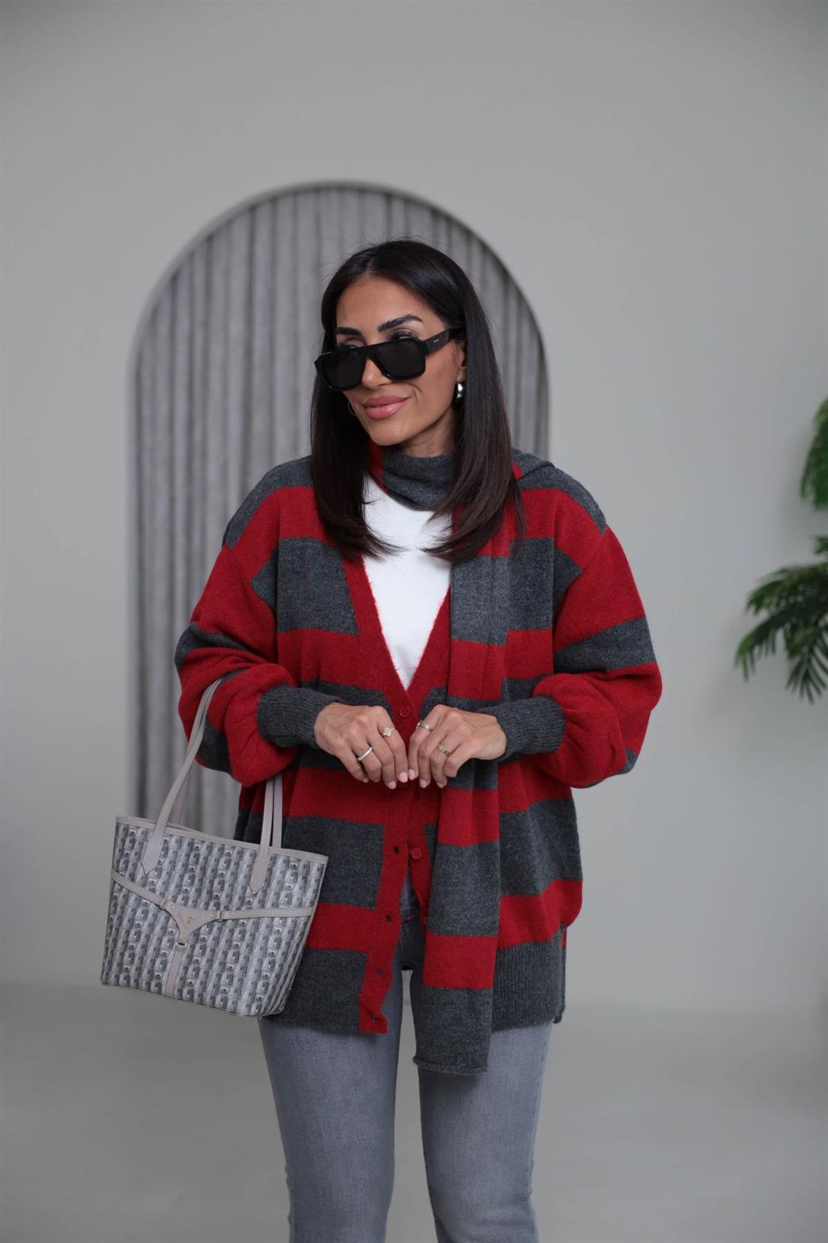 2569 V Yaka Düğmeli Şallı Triko Hırka ANTRASİT