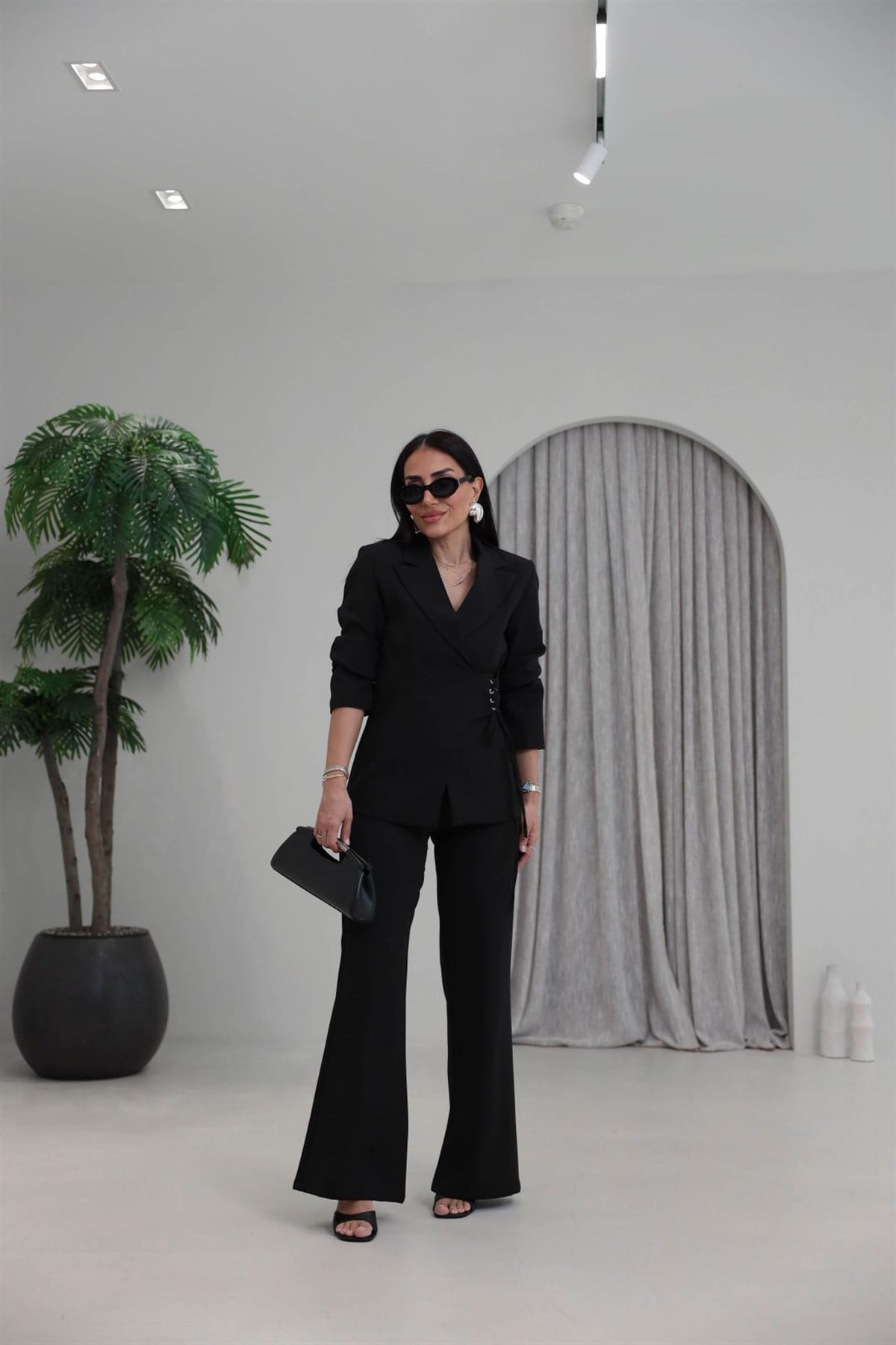 9295 Yandan Kuşgözü Bağlama Detaylı Ceket Pantolon Takım SİYAH