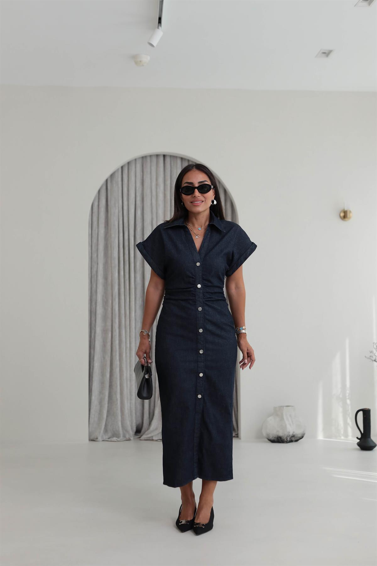 8198 Polo Yaka Drapeli Likralı Kot Elbise LACİVERT