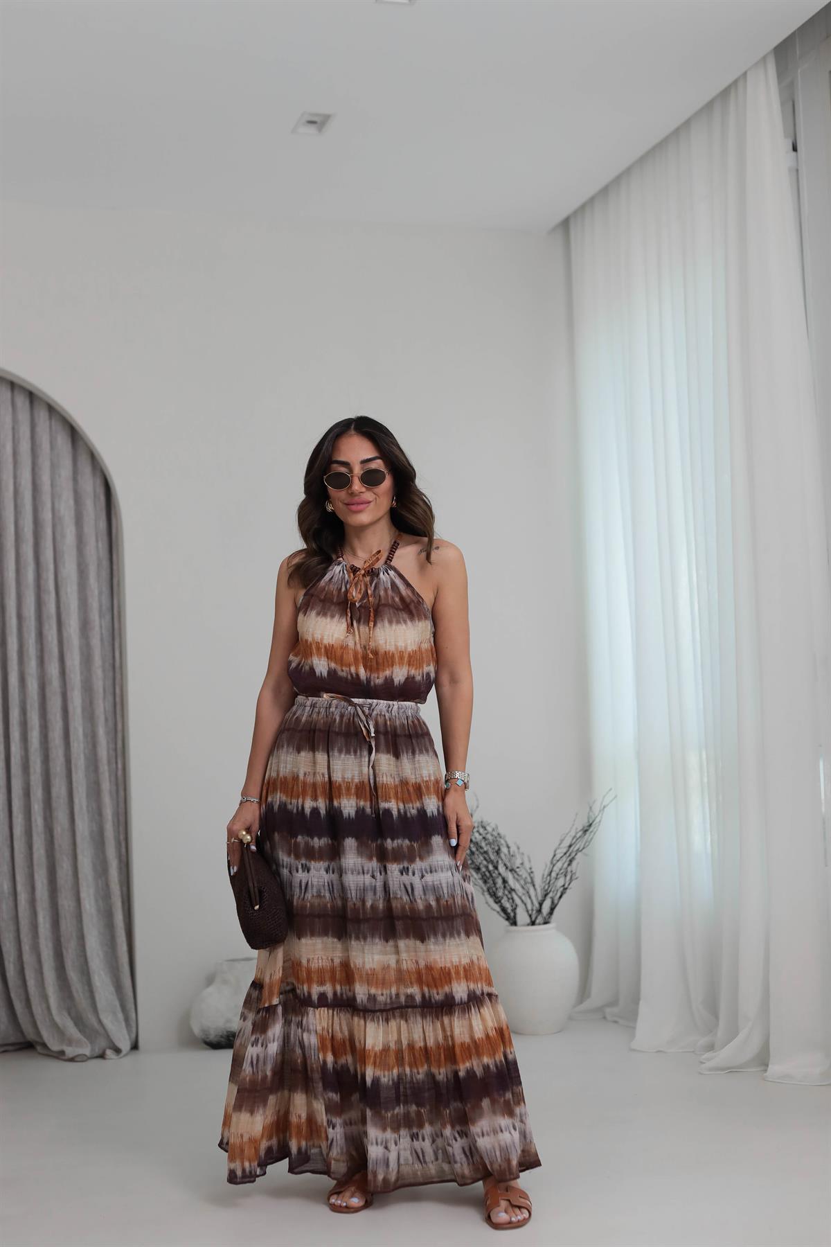 2141 Bel Lastikli Batik Maxi Etek KAHVE