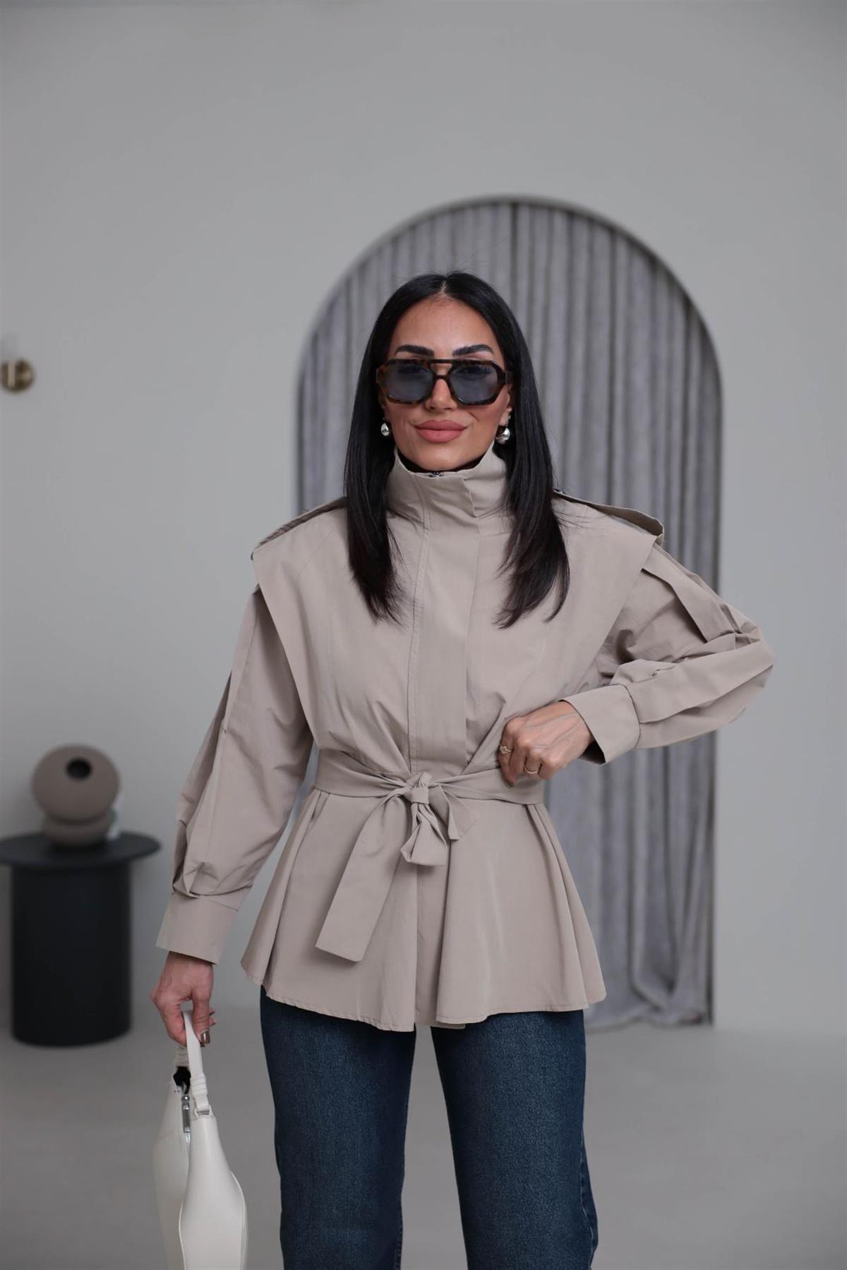 7623 Dik Yaka Geniş Omuz Kuşaklı Trençkot HAKİ YEŞİL