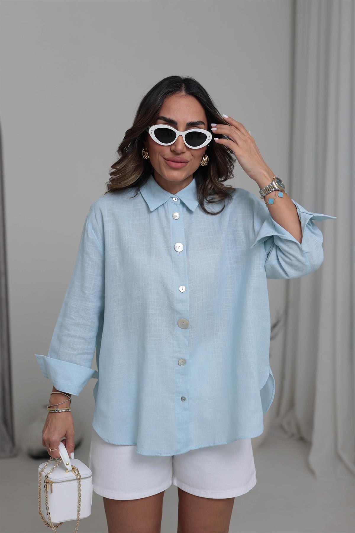 0384 Uzun Kollu Keten Gömlek BEBE MAVİ