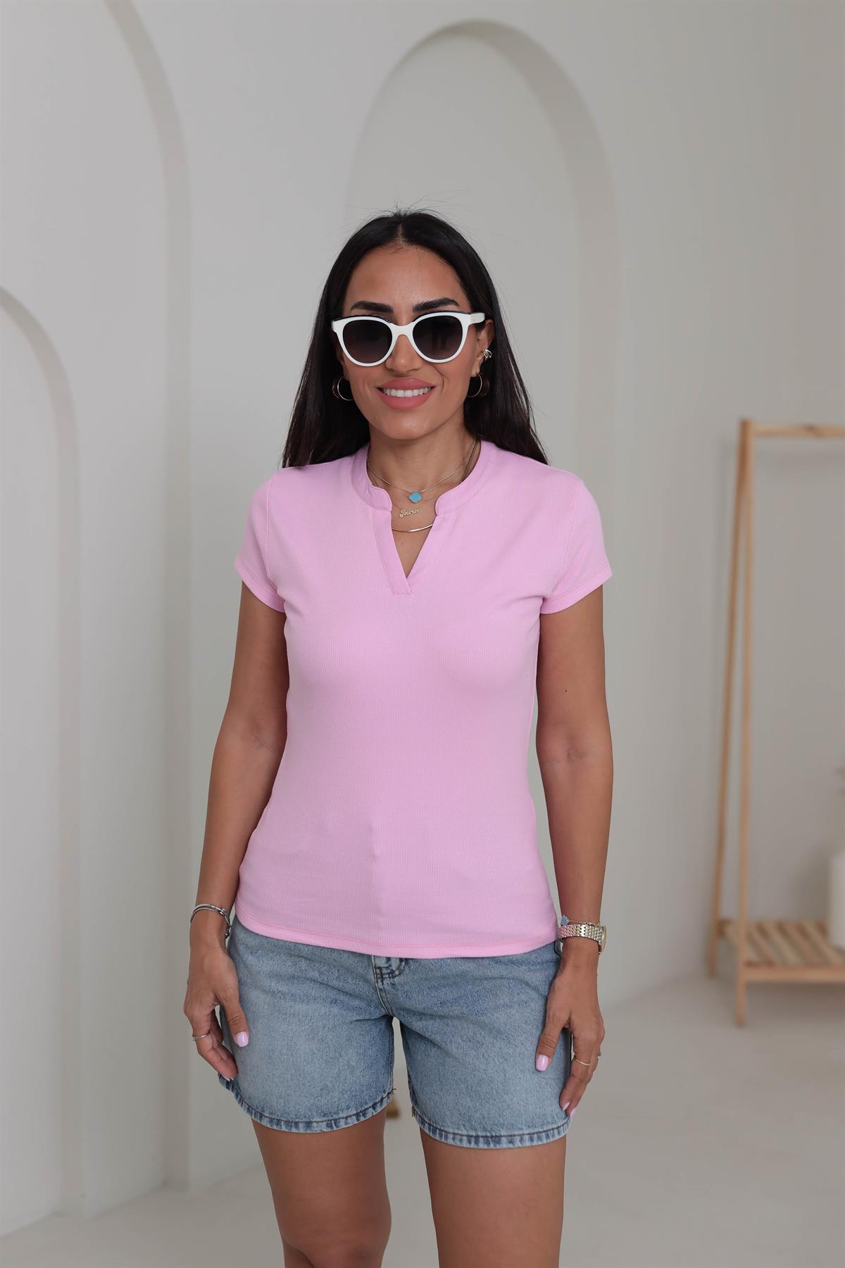 6773 Ribanalı V Yaka Kısa Kol Bluz PEMBE