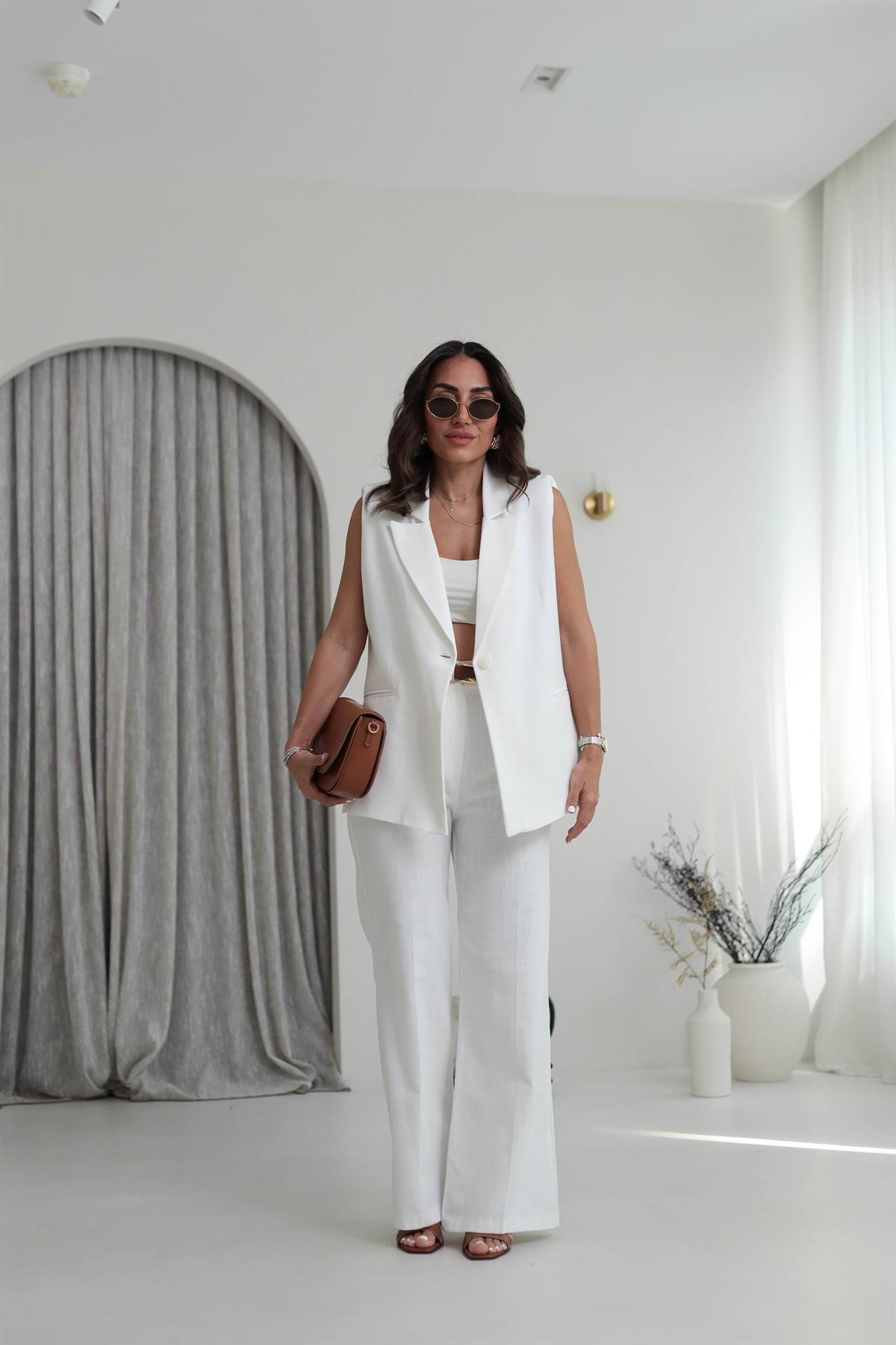 Omuz Vatkalı Yelek Keten Takım BEYAZ