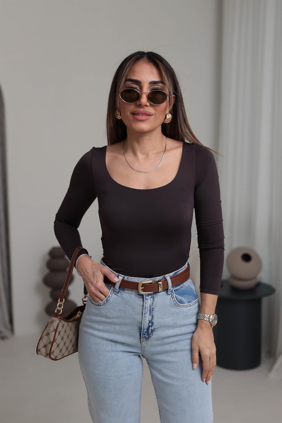 5124 U Yaka Sandy Bluz KAHVE