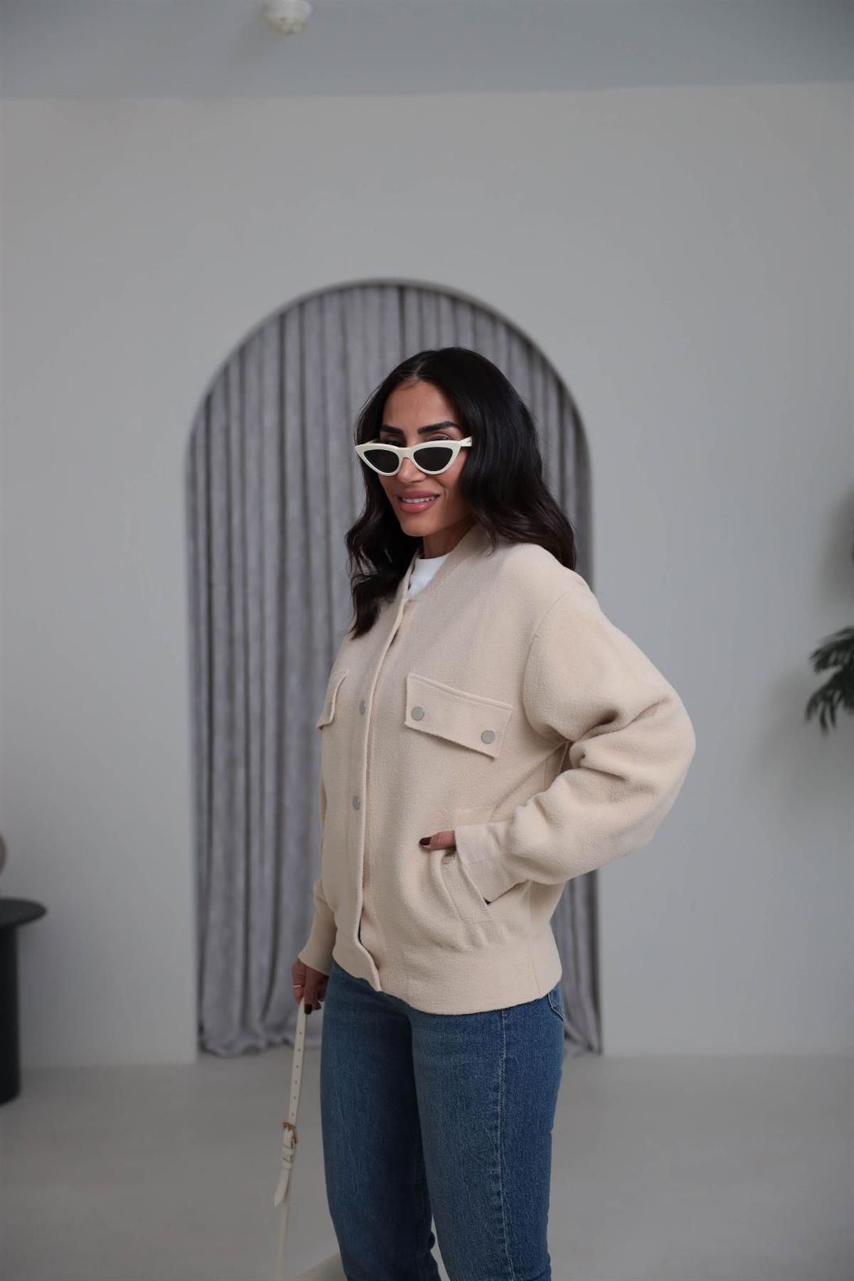 4589 Çıtçıtlı Cep Detaylı Angora Ceket KREM