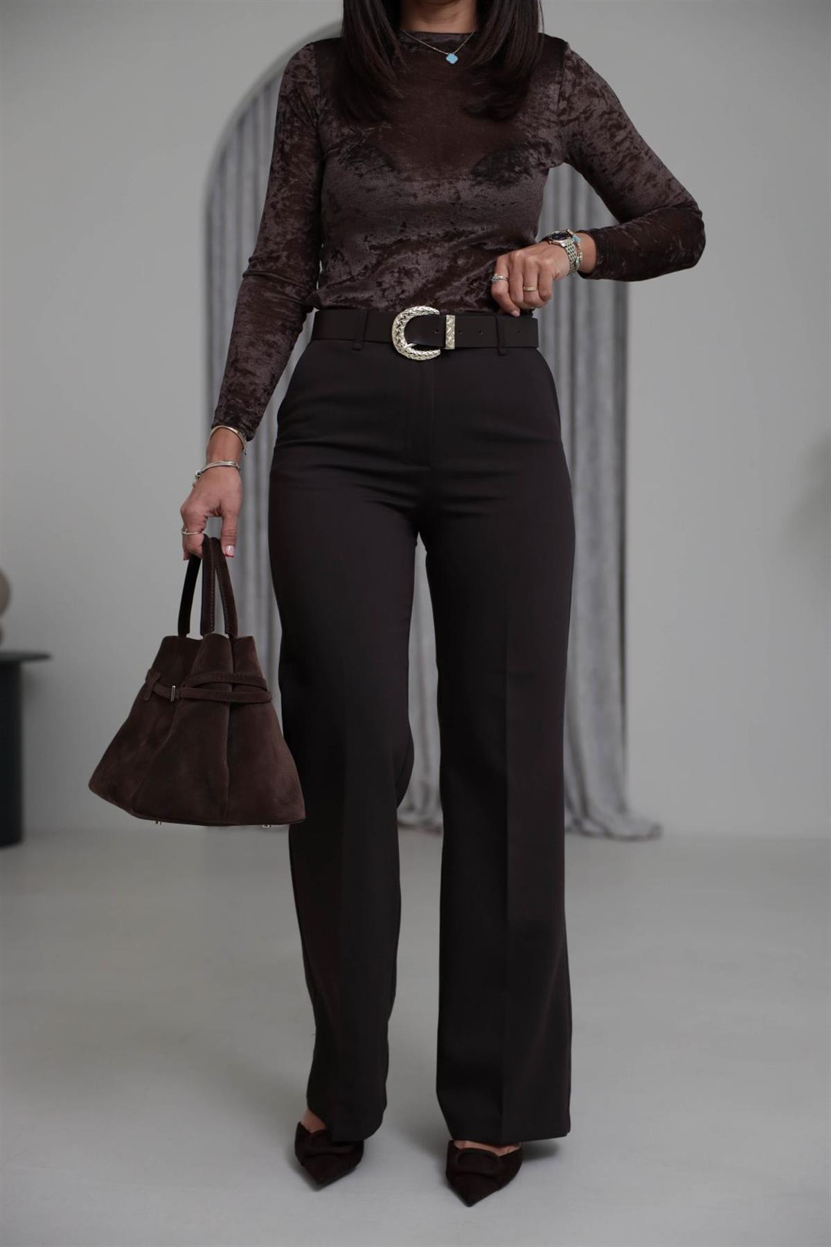 7038 Kemerli Palazzo Pantolon ACI KAHVE