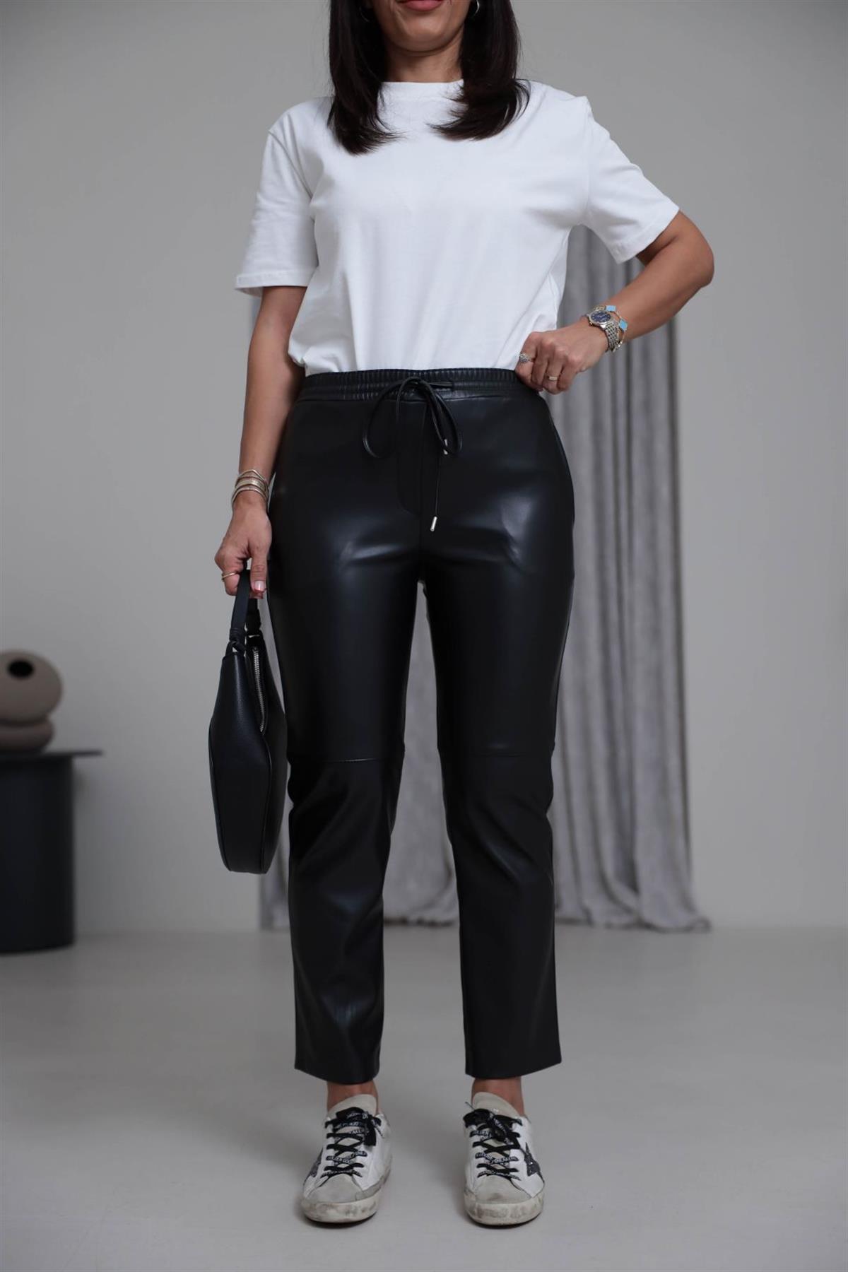 4655 Kemeri Lastikli Deri Pantolon SİYAH