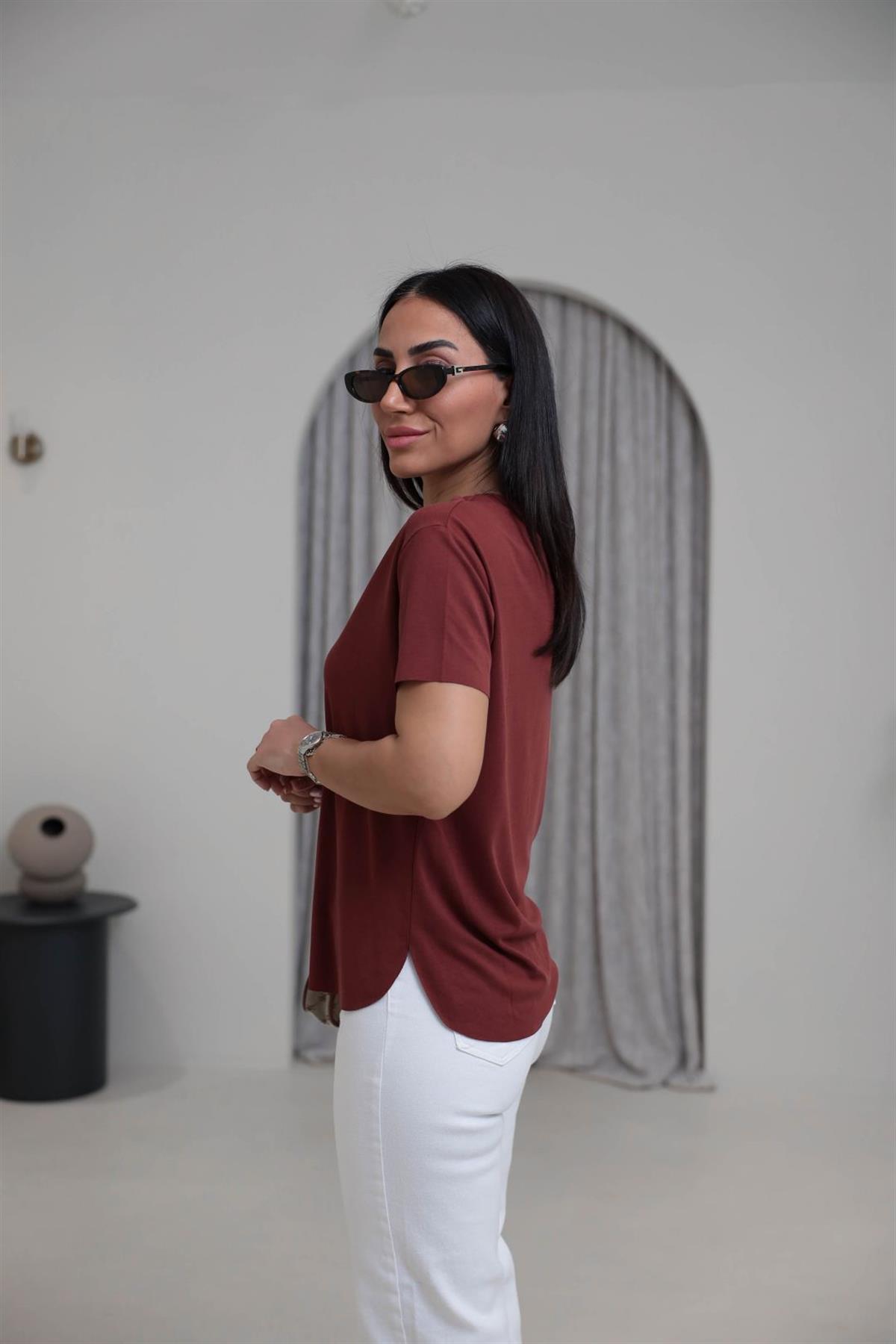 1020 Oys Lazer Kesikli Modal Tshirt KİREMİT