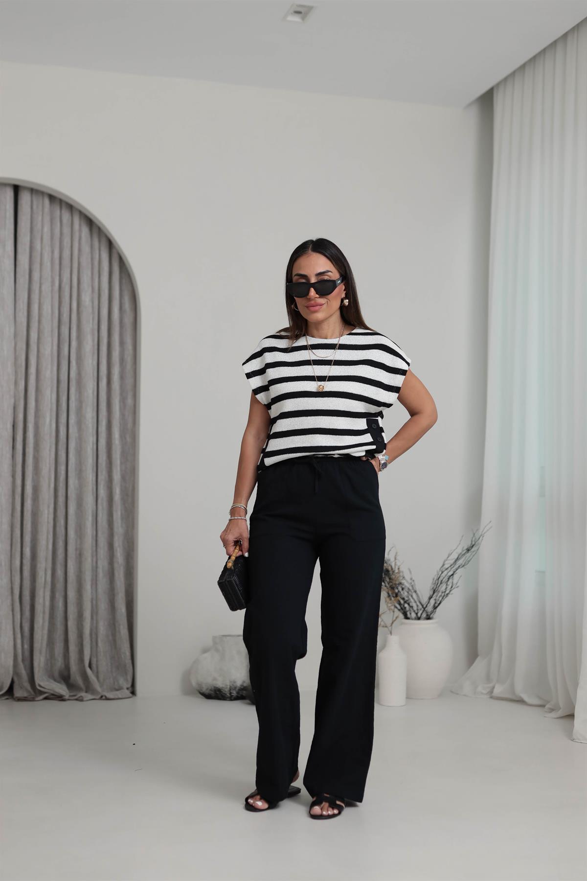 1646 Keten Kordonlu Pantolon SİYAH