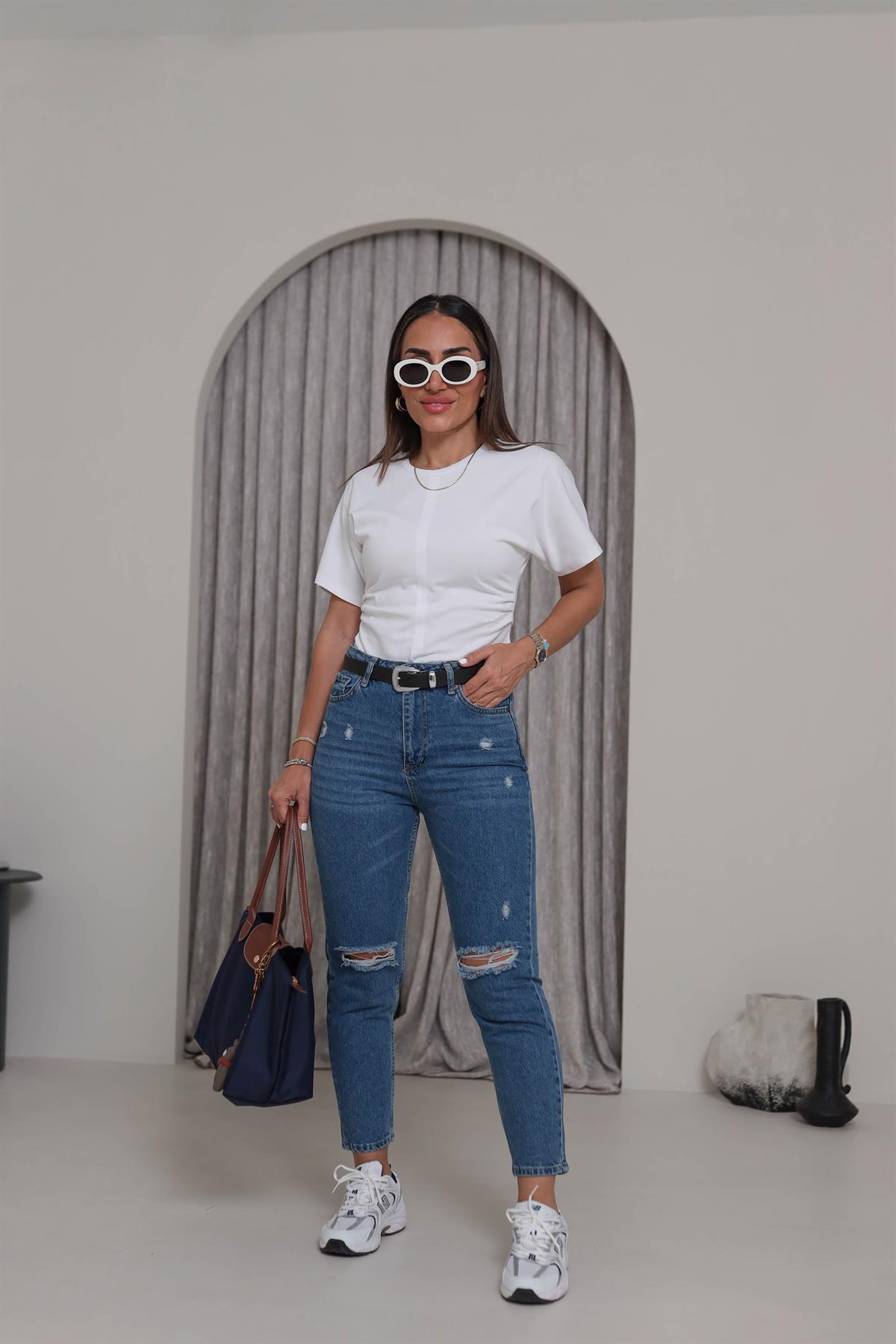 4062 Yüksek Bel Yırtıklı Mom Jean KOYU MAVİ