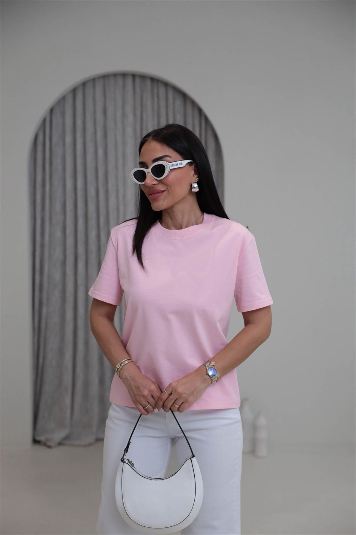 0312 Dekoratif Dikişli Pamuklu Tshirt PEMBE