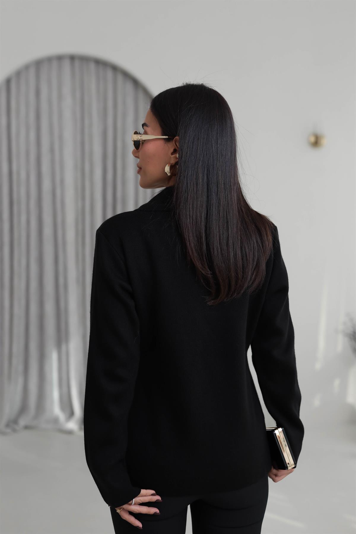 5835 Kruvaze Yaka Toka Detaylı Triko Ceket SİYAH